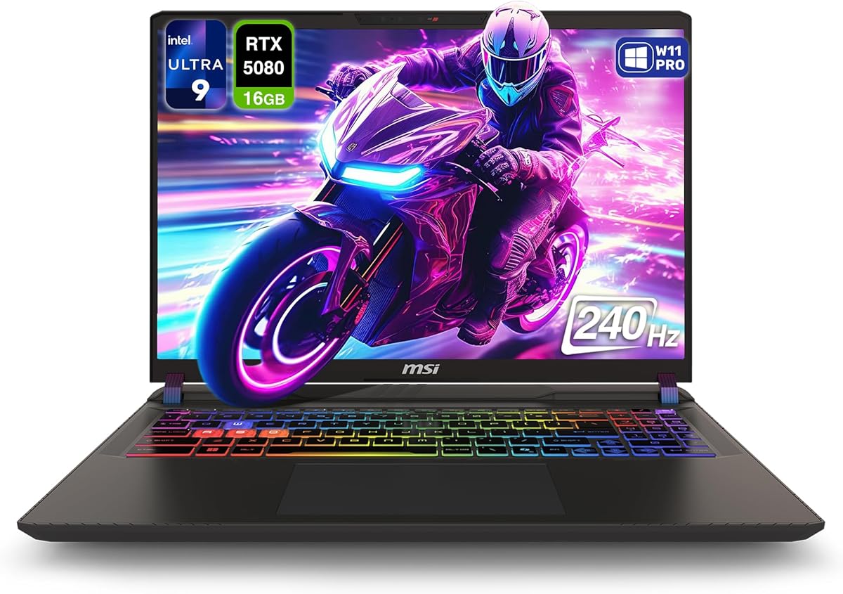 MSI Vector 16 HX AI 400 Gaming Laptop, Intel Ultra 9-275HX, 16 GB DDR5 RAM, 1 TB PCIe SSD, 16" WQXGA (2560x1600) 240Hz Display, Nvidia G-Force RTX 5080, RGB Backlit Keyboard, W11 Home, Cosmo Gray