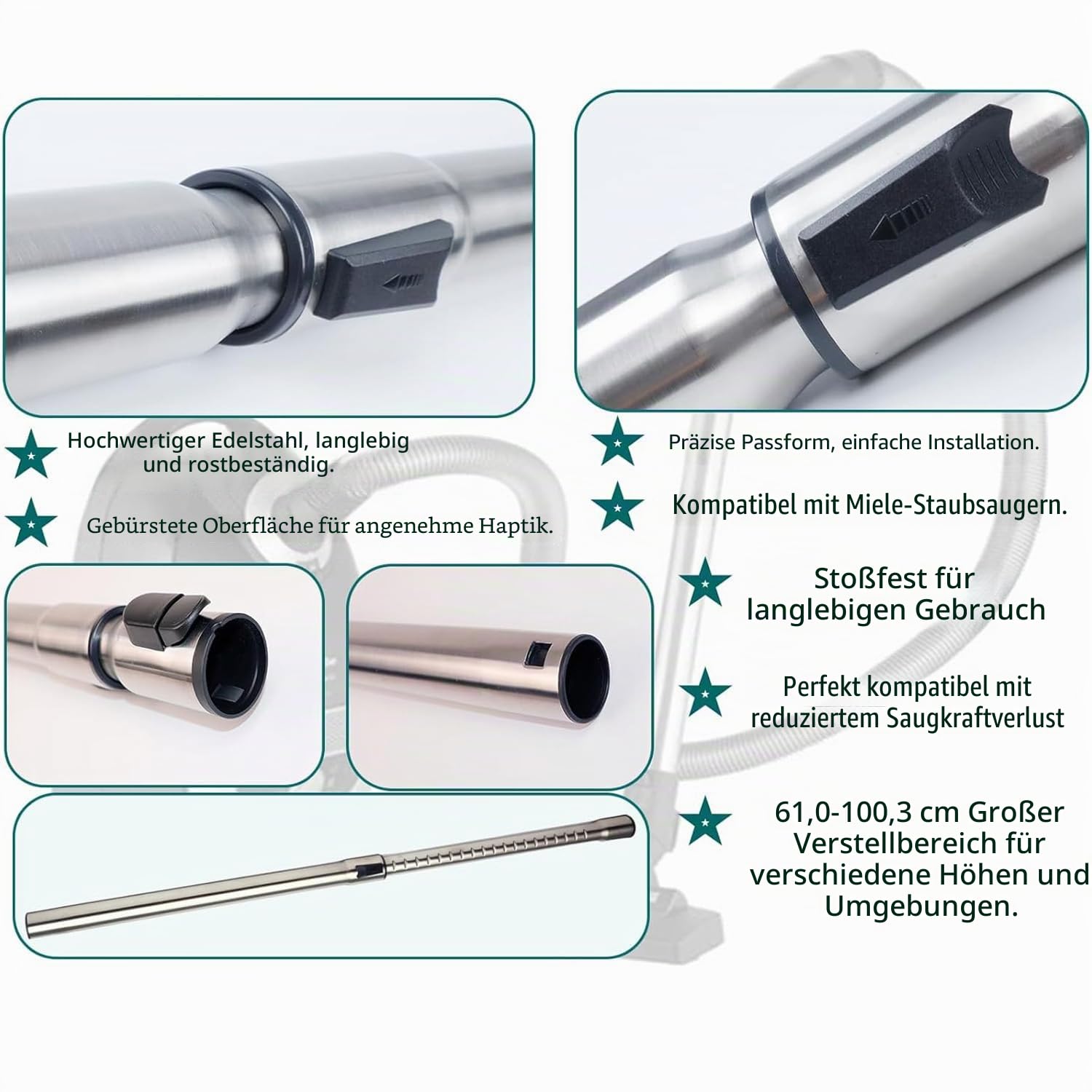Edelstahl Staubsaugerrohr - Ersatzrohr kompatibel mit Bodenstaubsauger Miele S8,S6,S5,S4,S2,S1,C1,C2,C3,H1 Complete, Compact, Classic, Swing, S8000 Zubehör 35mm Teleskoprohr für Staubsauger Ersatzteil