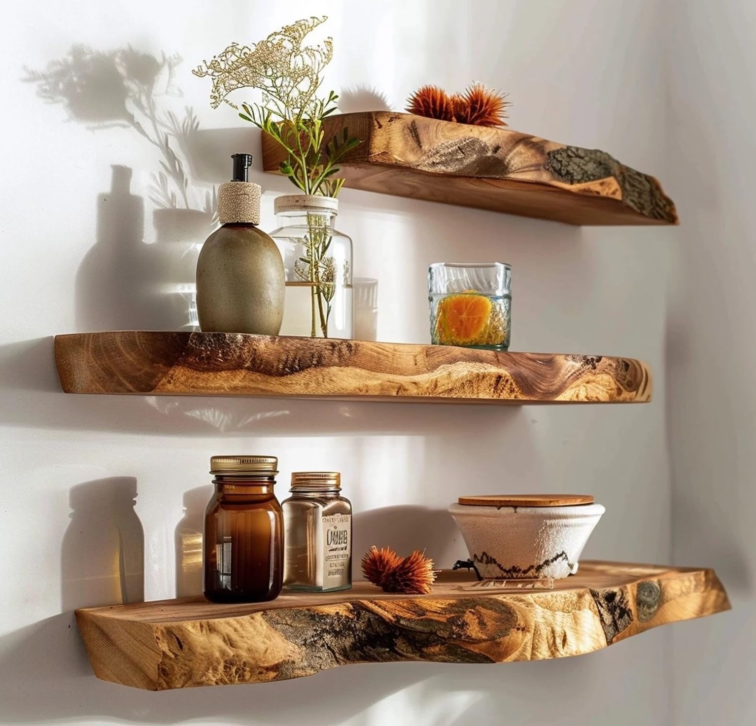 Rustic Live Edge Wall Mounted Floating Shelves, Natural Wood, Kitchen Bathroom Storage Display (20" W X 6" D X 1.5" (Inches))