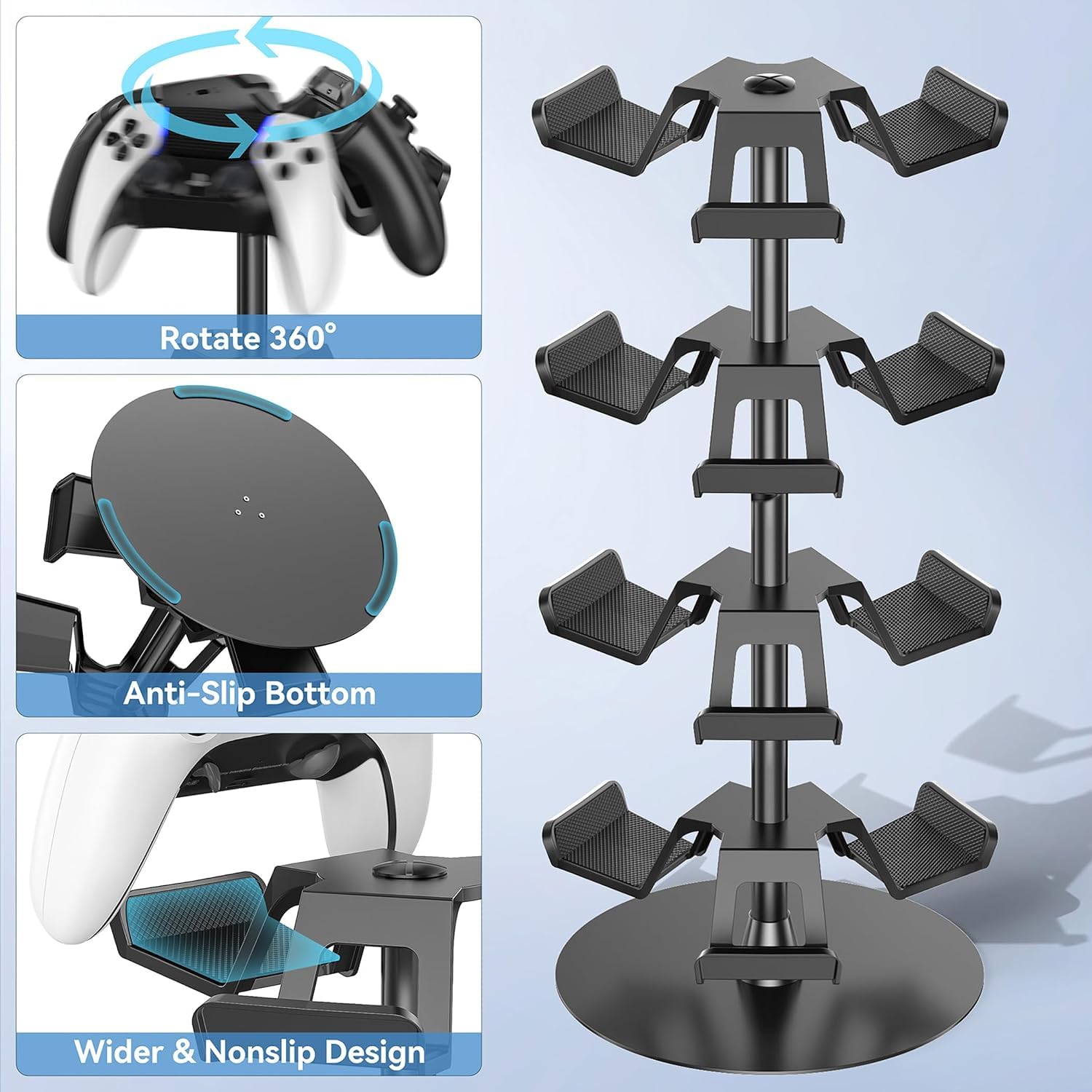 Stojak na słuchawki 3 poziomy na biurko, obrotowy stojak na kontroler do gier na PS5/PS4/Xbox/Switch2/PS Portal/telefon, uniwersalny kontroler akcesoriów dla graczy, uchwyt na słuchawki do 9 opakowań