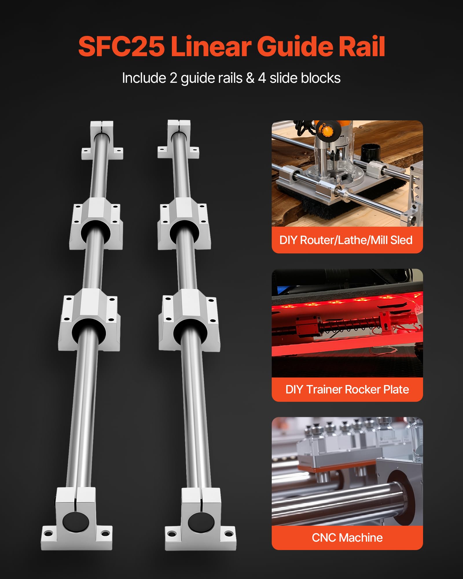 VEVOR Zestaw prowadnic liniowych SFC 25 2 prowadnice liniowe 1000 mm 4 bloki ślizgowe do frezarek tokarki, maszyny do grawerowania DIY, płyta oscylacyjna do treningu