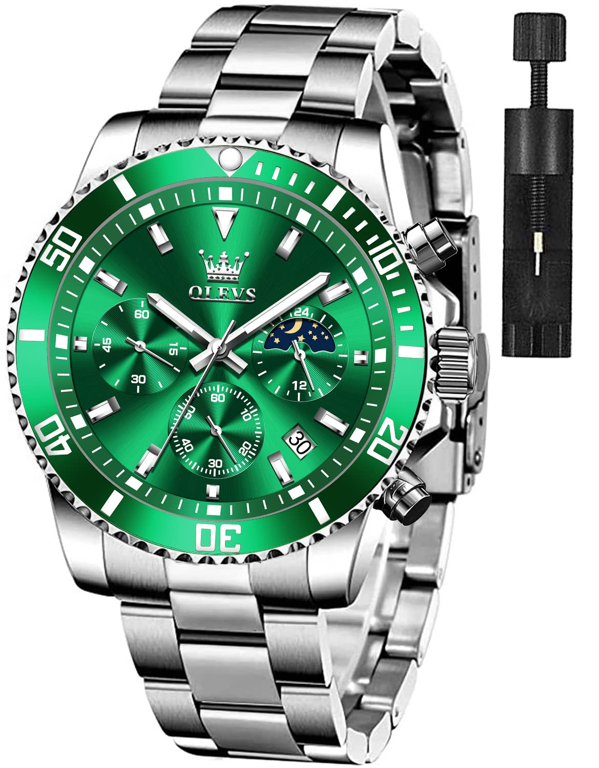OLEVSWatches for Men Classic with Date Business Dress Luxury Big Face Green/Black/Blue Waterproof Luminous Mens Wrist Watch Analog Two Tone Stainless Steel Men Watch