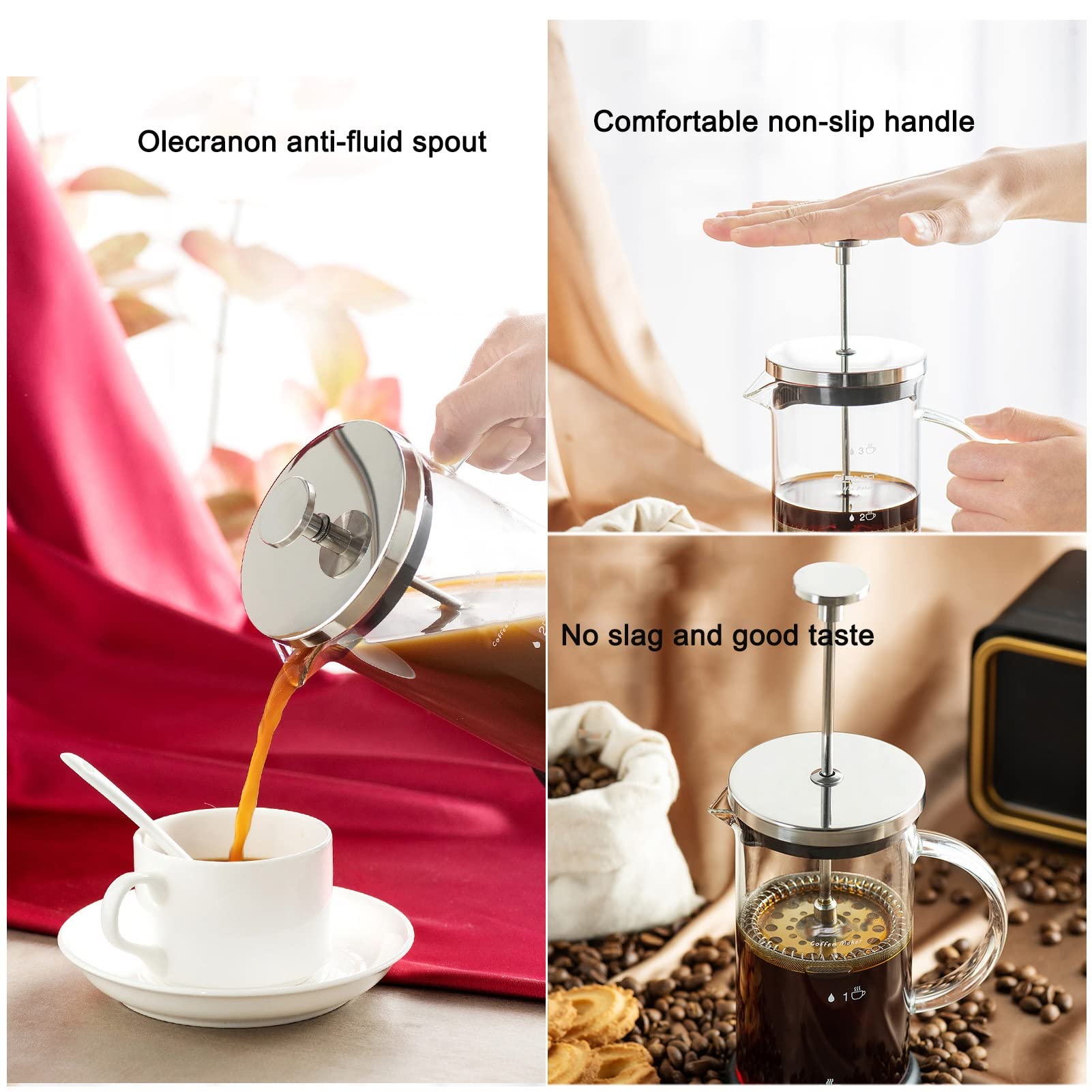 Caffettiere A Pistone, Caffettiera Francese in Vetro Borosilicato Addensato Resistente al Calore, Espresso E Teiera con Filtri Tripli E Stantuffo in Acciaio Inossidabile, per Regali da Viaggio Campeg