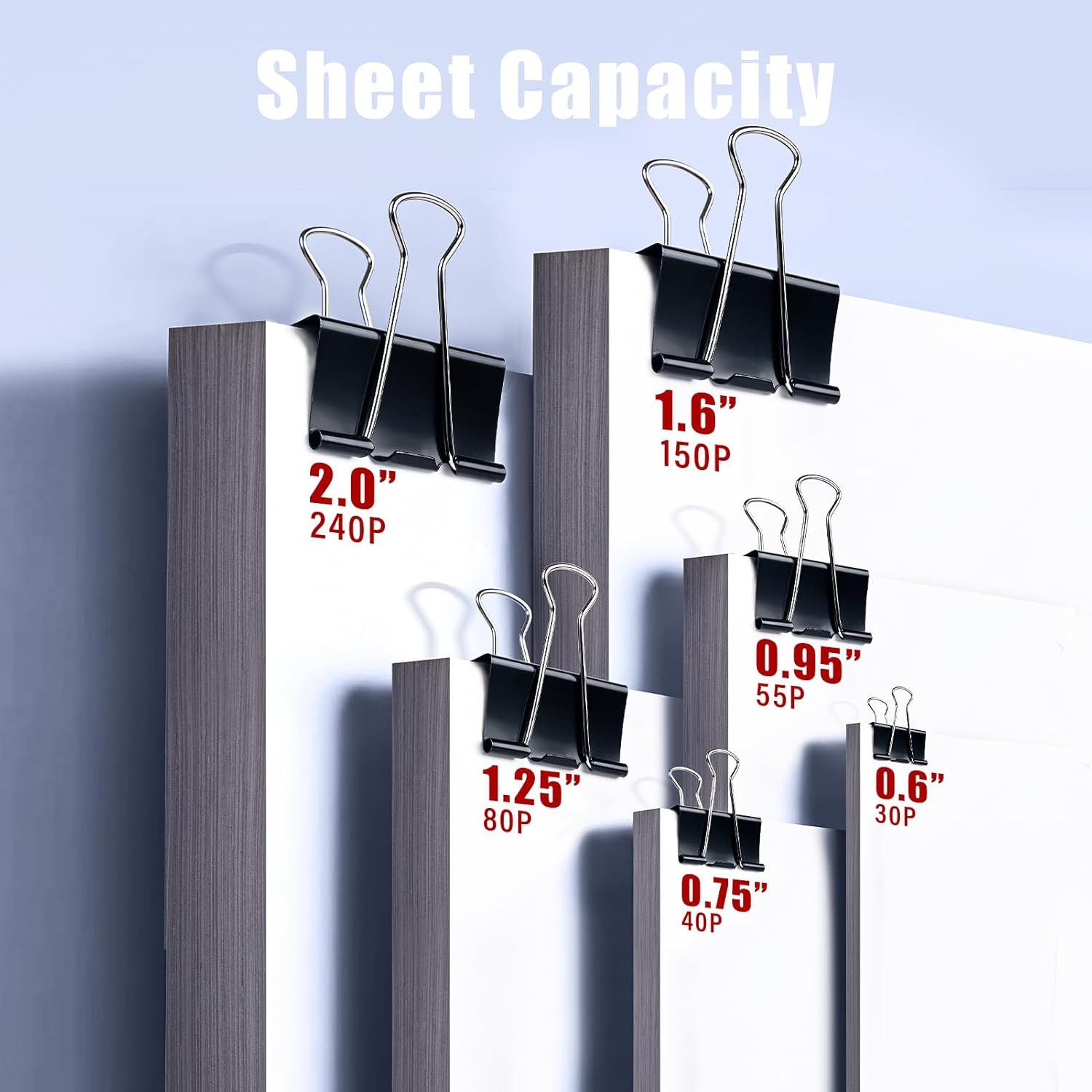 Binder Clips & Paper Clips Combo, 208 PCS Binder Clips (6 Sizes) + 200 PCS Paper Clips – Black for Office, Home & School Supplie (Black)