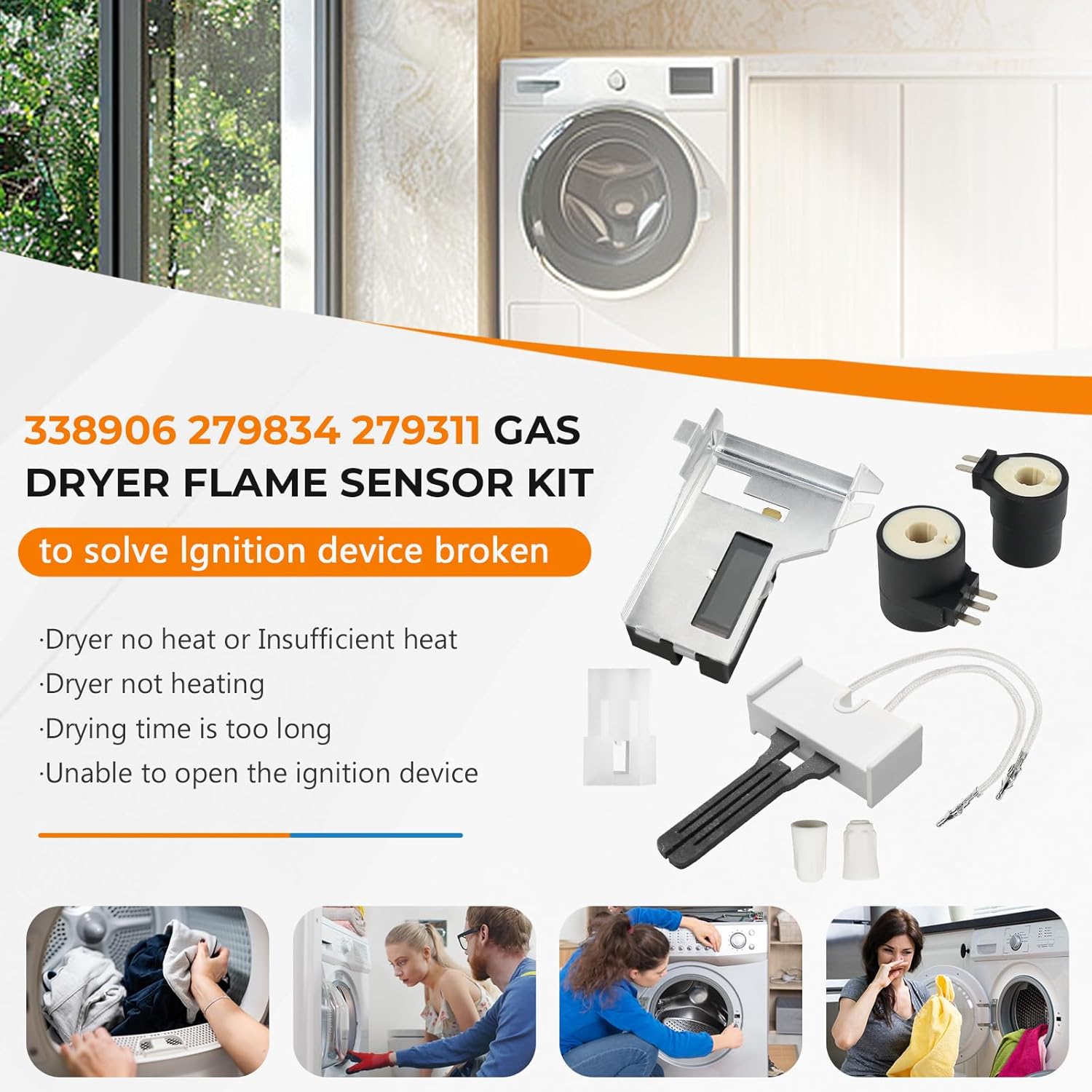 UPGRADED Gas Dryer Repair Kit WP338906 338906 Gas Dryer Flame Sensor 279311 Igniter 279834 Gas Valve Solenoid Coils by Blutoget- Fit for Whirlpool Ken-More Dryers- Replaces WP338906 AP3094251 PS334310