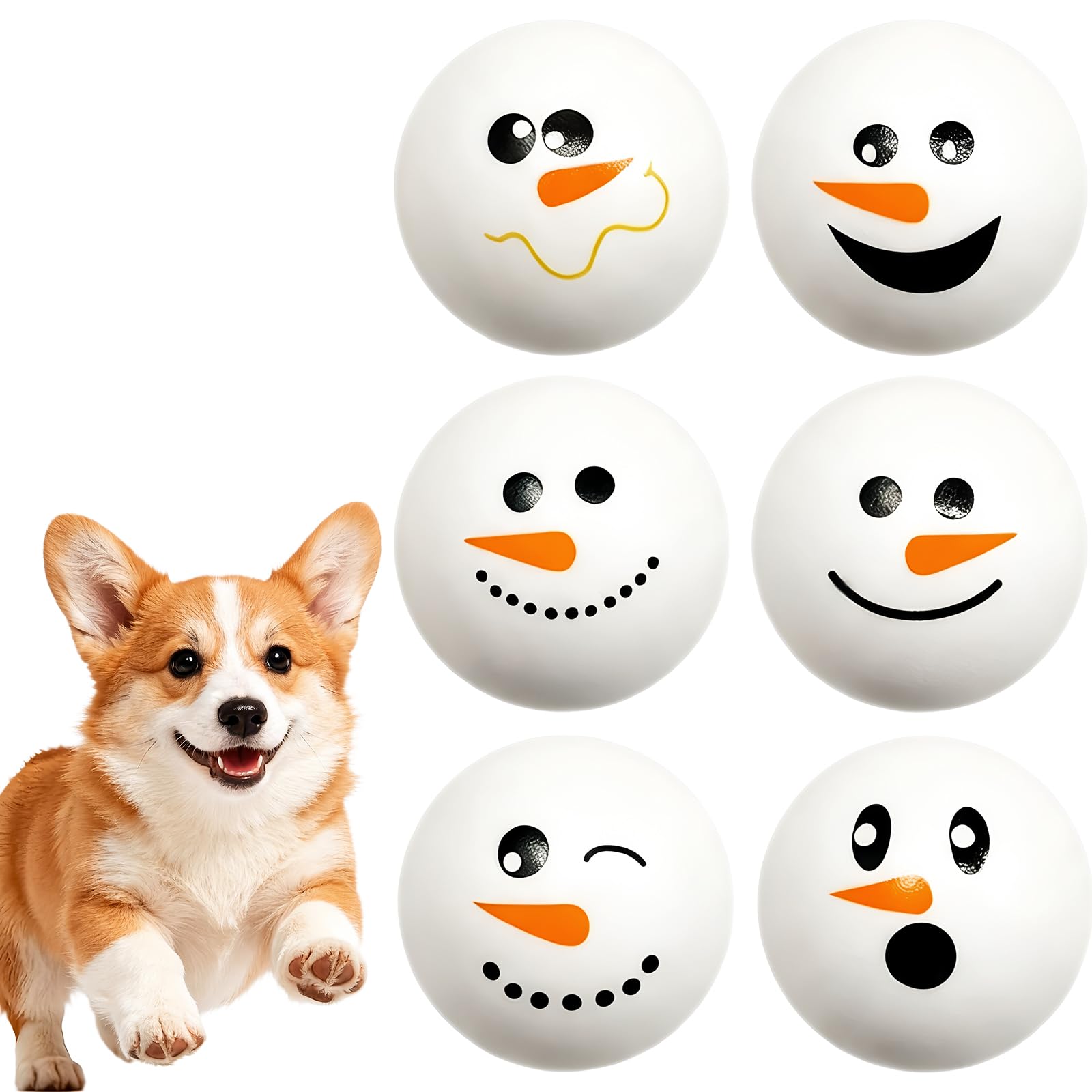 HAICN 6Pcs Christmas Dog Snowball Snowman Face Printed Dog Balls 6.3cm Pet Fetch Chew Play Interactive Ball for Small Medium Dogs.
