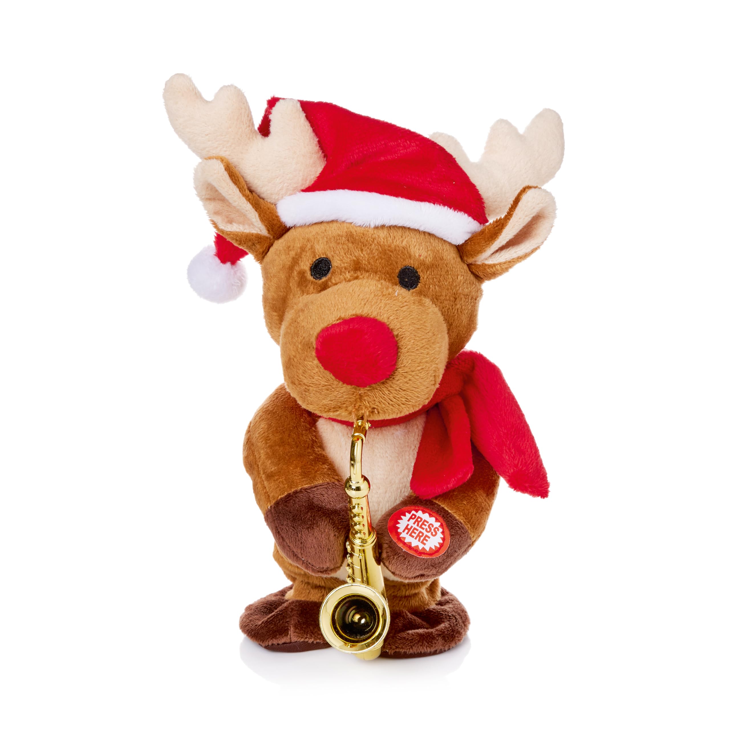 Premier Brown Decorations - Dancing Musical Reindeer With Sax & Santa Hat - 20Cm Battery Operated - Christmas Decoration - Gift Idea For Christmas - Christmas Reindeer Décor - Novelty Christmas Decoration