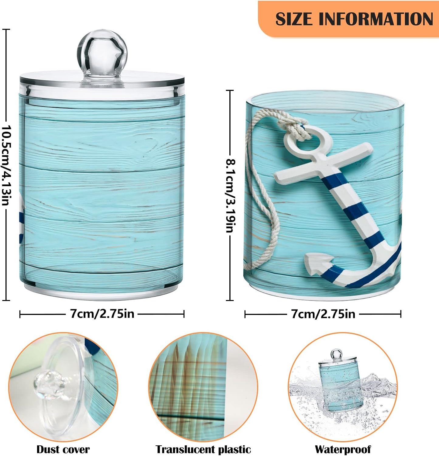 Nautical Anchor With Rope Turquoise Blue Grunge Wood 4 Pack Qtip Holder Dispenser for Cotton Swab Ball Round Pads Floss 10 Oz Apothecary Jar Set for Bathroom Canister Storage Makeup Organizer