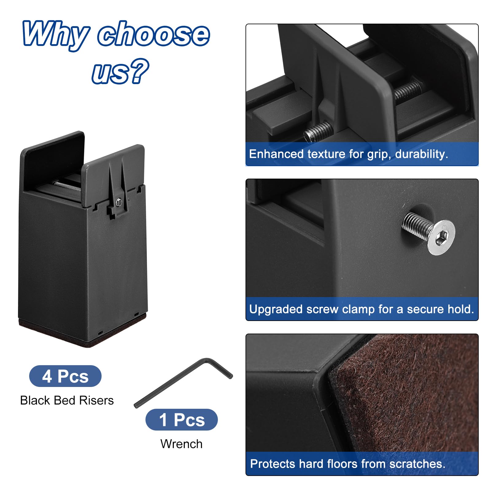 uxcell Elevadores de cama de 4 pulgadas con abrazadera de tornillo ajustable, 4 elevadores de muebles para cama, escritorio, sofá, mesa, apto para muebles de grosor de 0.4 a 1.97 pulgadas, soporta