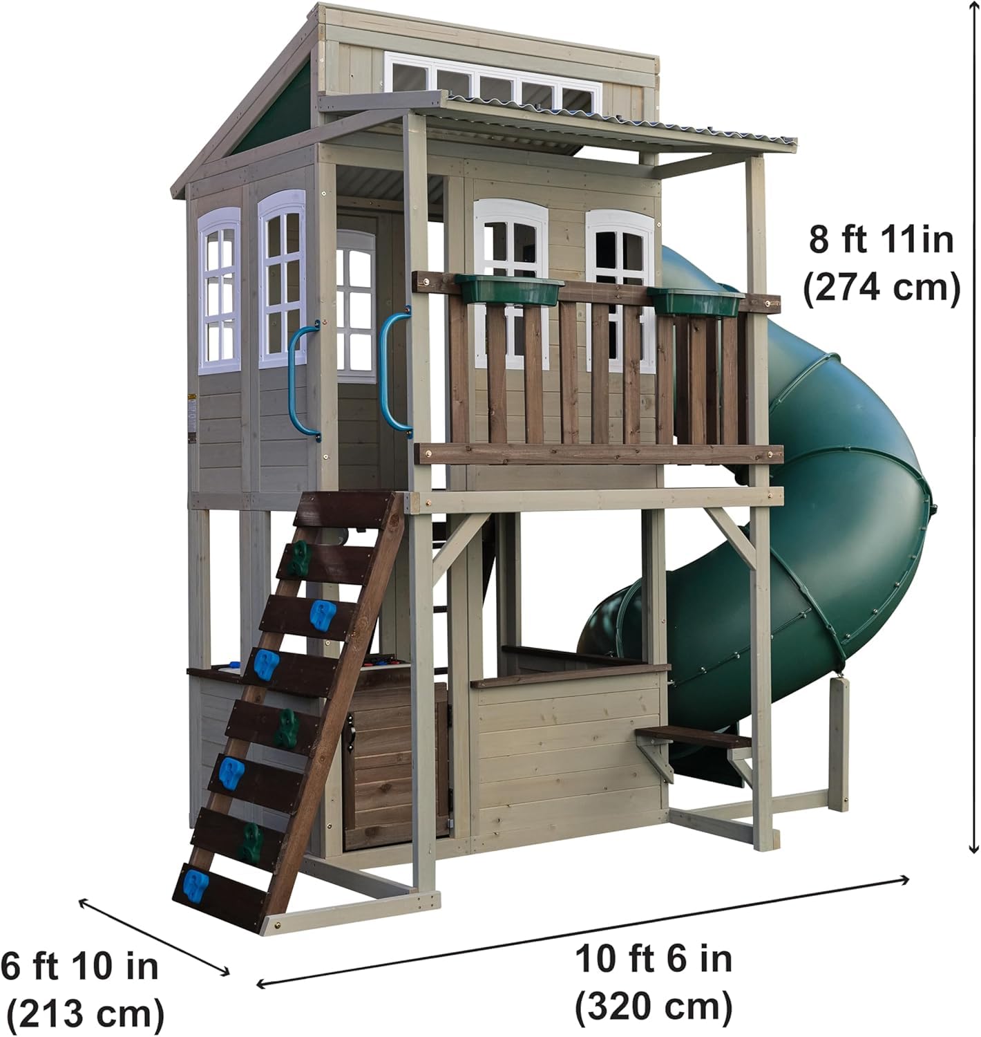 KidKraft Cozy Escape Spielturm mit Rutsche – Zweistöckiges Outdoor Klettergerüst mit Tunnelrutsche, Kletterwand & Spielküche