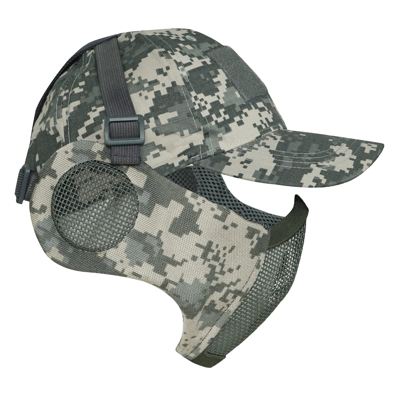 Airsoft - Juego de máscara de media cara y sombrero, máscara de malla de acero con protección para los oídos y gorra de béisbol, máscara protectora táctica para juegos CS, pistola BB, paintball, caza, tiro