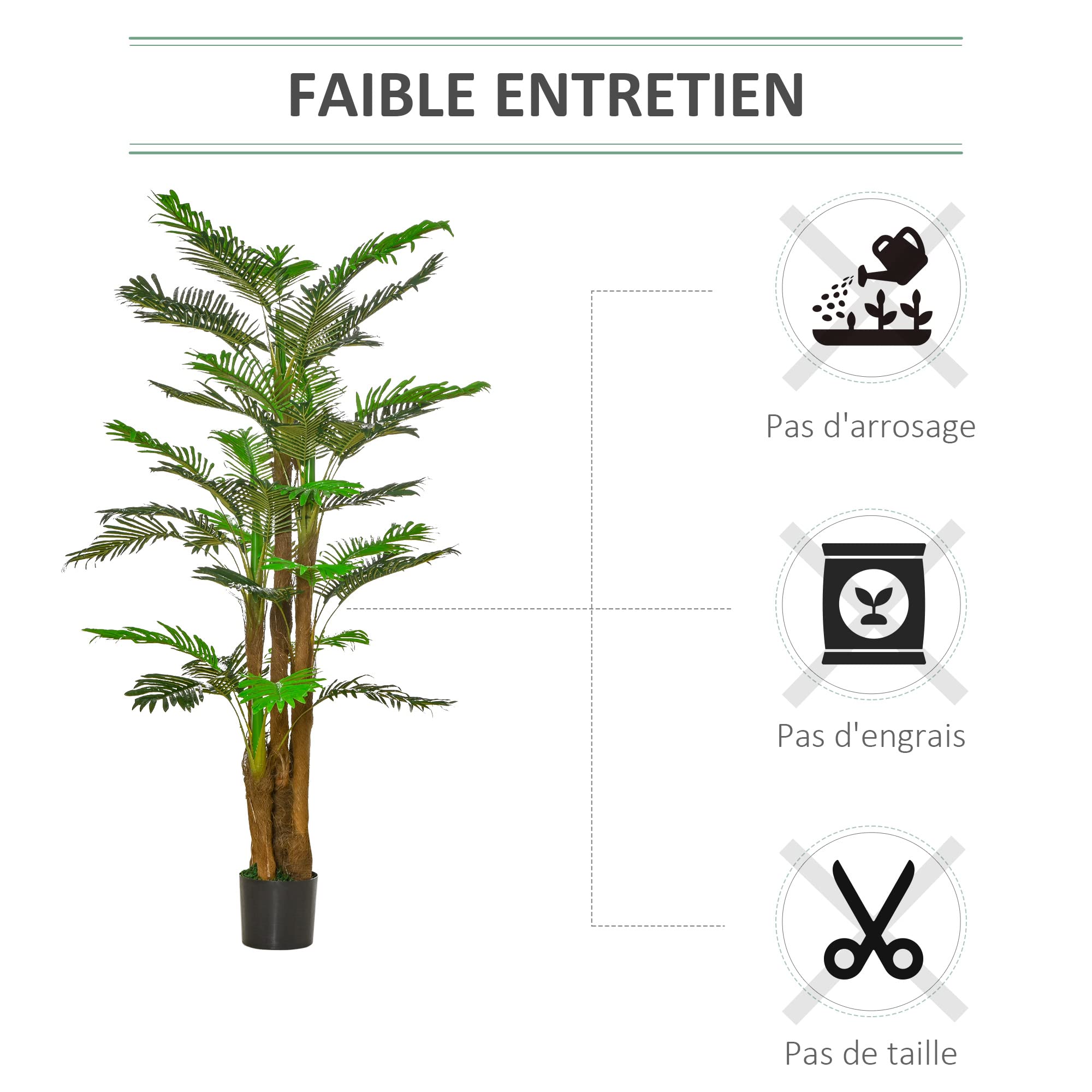 Outsunny Palmier Artificiel H.1,85 m Arbre Artificiel Tronc Branches Lichen Feuilles Grand réalisme Pot Inclus