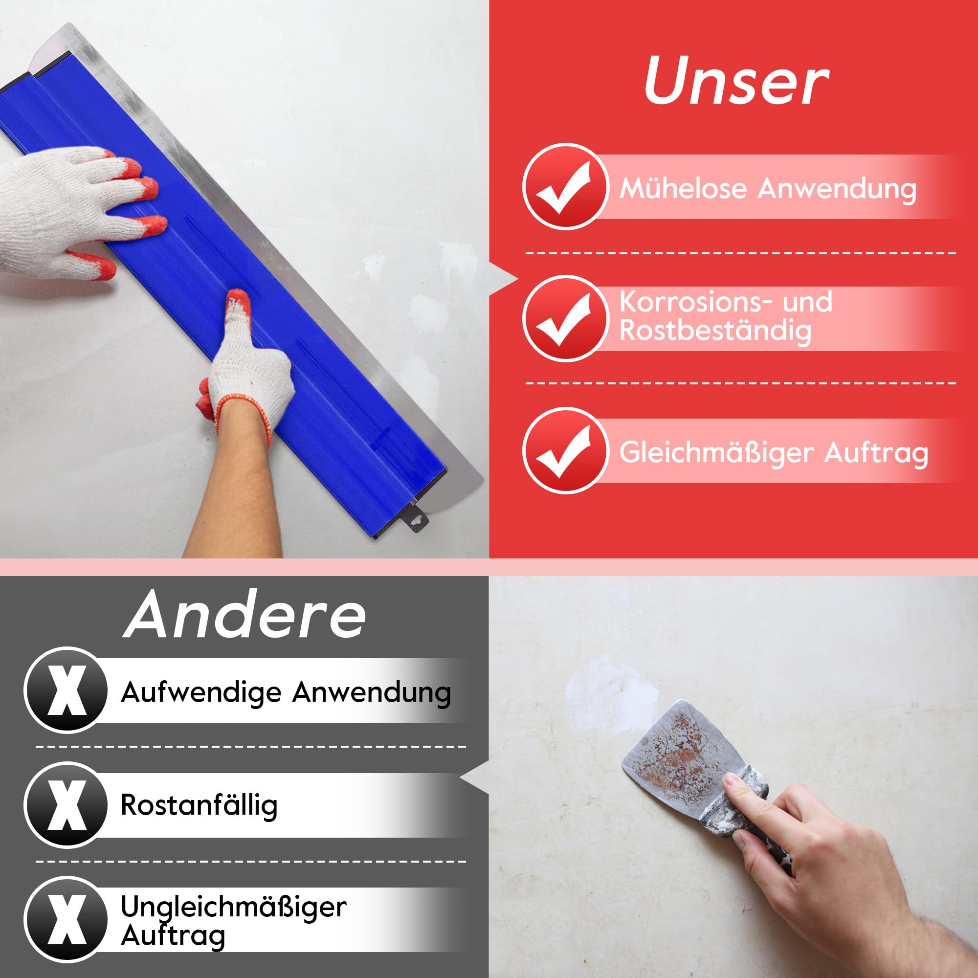 Flächenspachtel Set 15CM 25CM 40CM 60CM 80CM mit 70CM-150CM Verlängerungsgriff Trockenbau Fertigwerkzeuge Spachtel Werkzeug für Gipskarton Wandverkleidung (Blau)