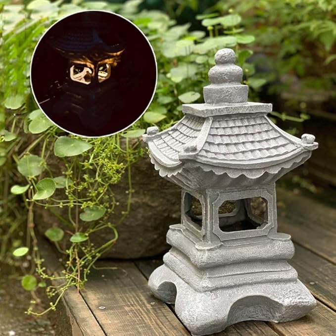 GECOKU LED Outdoor Japanese Pagoda Lantern Garden Ornament Lantern,Solar Pagoda Lantern,Japanese Style Lantern Solar Garden Lamp Solar Pagoda Light,Gray photo 3