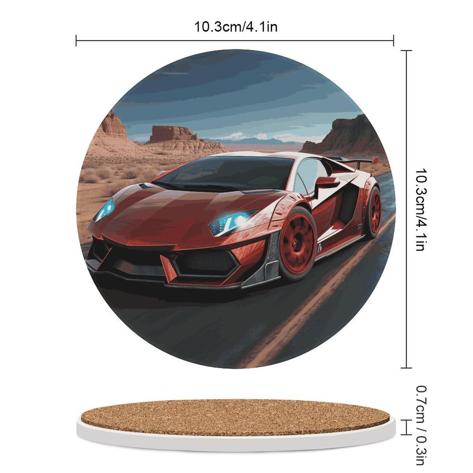 Red Race Car podstawki pod napoje z uchwytem na stolik kawowy, ceramiczna podstawka z podstawą korkową, ceramiczna podstawka z kamienia do mrożonych zimnych lub gorących napojów, 10 cm