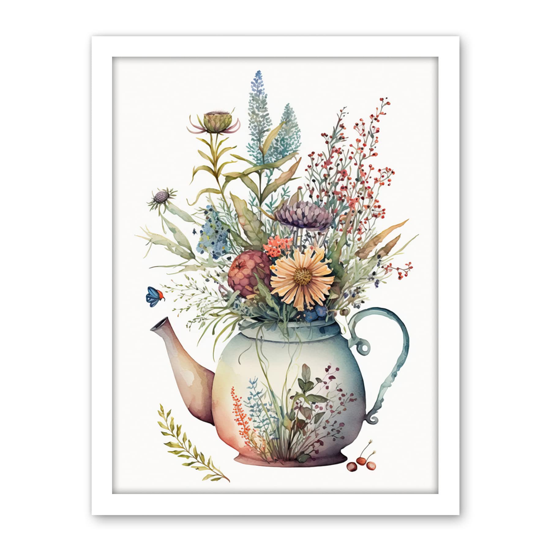 Artery8 Wildflower Floral Bouquet in China Pattern Teapot Artwork Framed Wall Art Print 18X24 Inch
