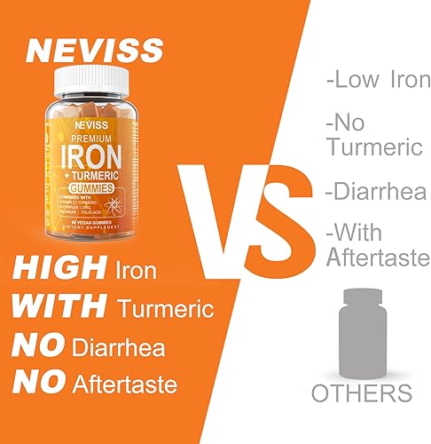 Miniatura 7 de Paquete de 2 gomitas de hierro con cúrcuma, vitamina C + sin azúcar, cúrcuma rellenas con mezcla pre, pro y postbiótica para mujeres y hombres,