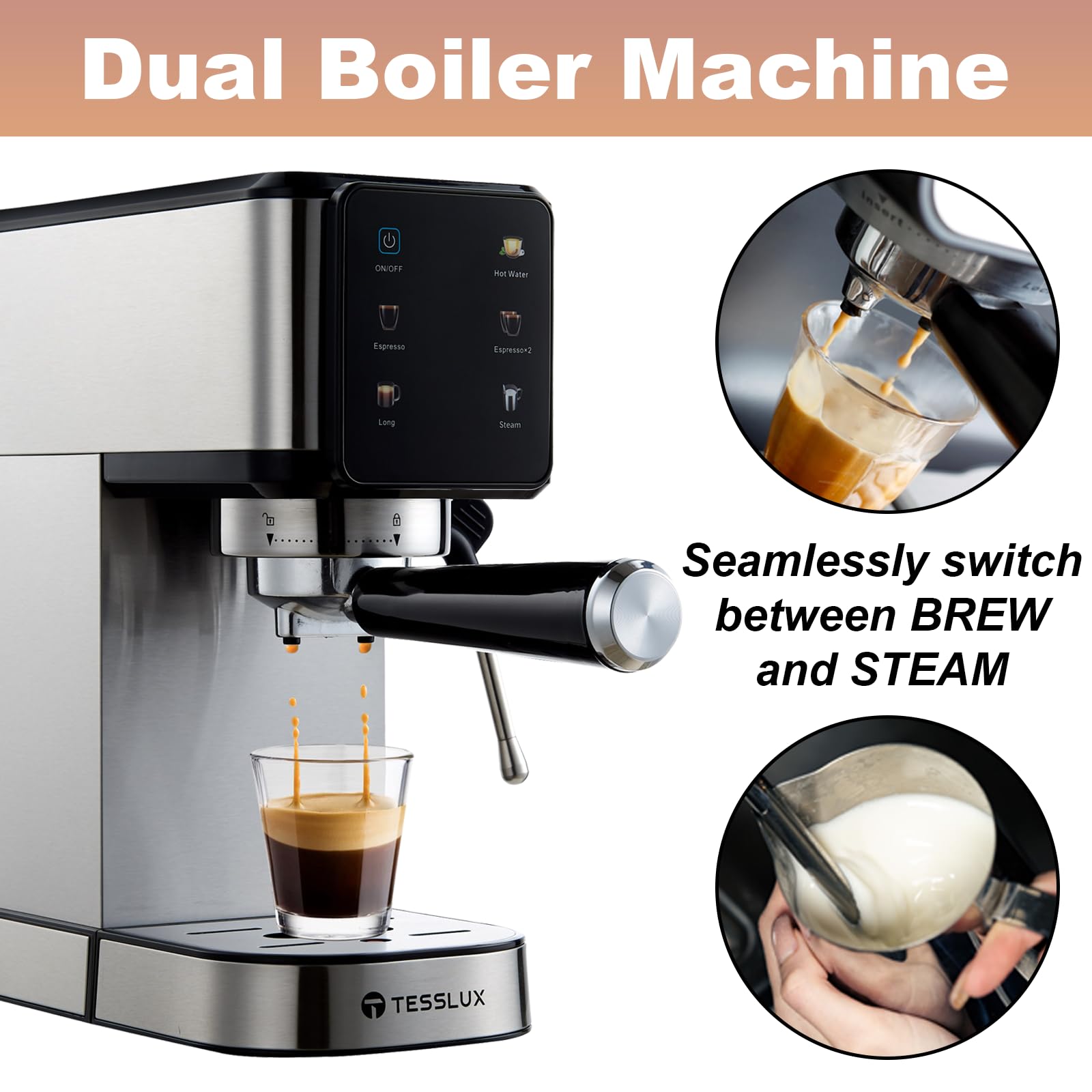 tesslux Espresso Machine 20 Bar, Dual Boiler Coffee Maker with LCD Touch Control, Compact Espresso Maker for Home with Milk Frother Steam Wand, Cappuccino & Latte Maker