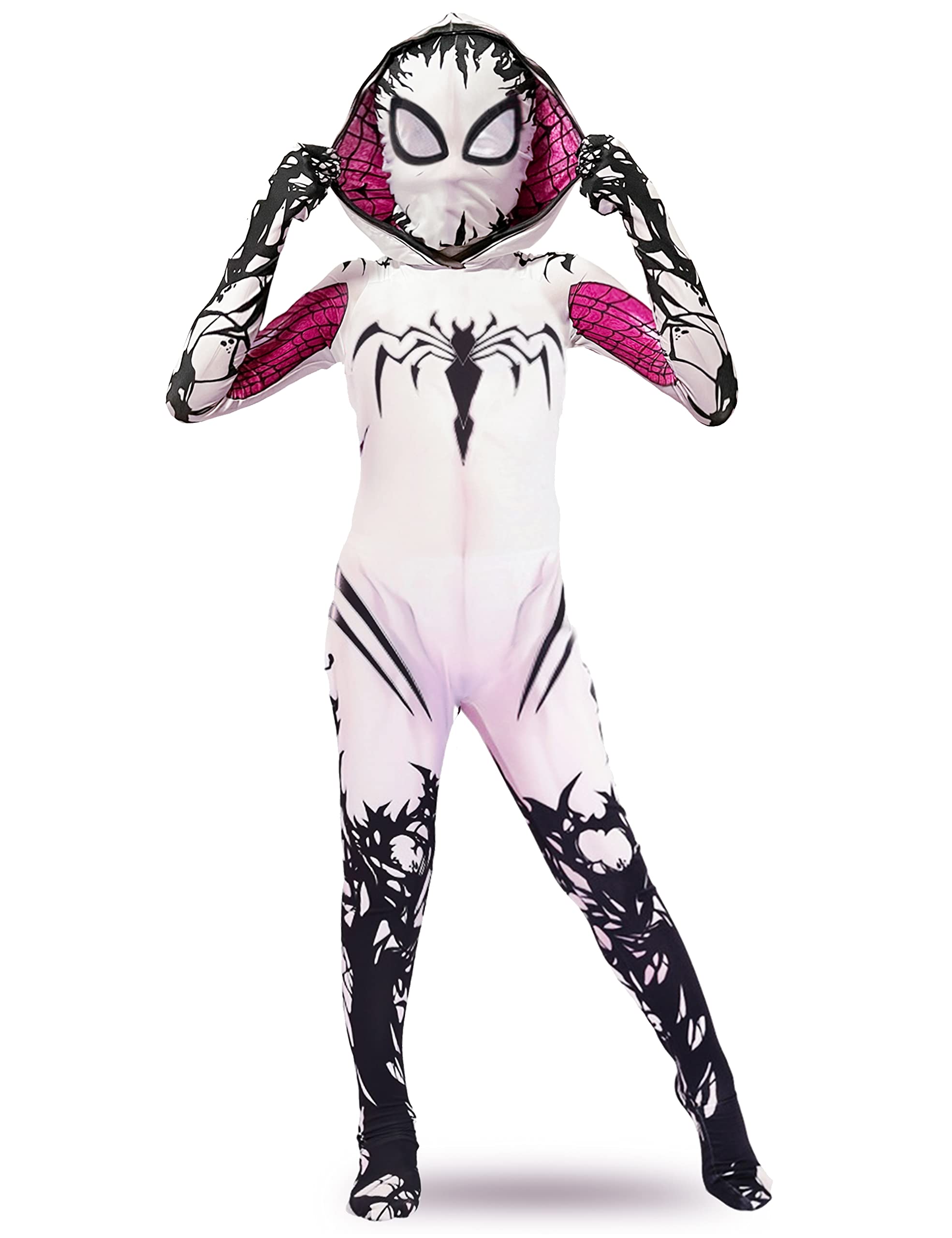 Liokoon Girls Spider Costume Kids White Spider Superhero Cosplay Mask Jumpsuit Bodysuit for Kids Toddler Girls Aged 3-12