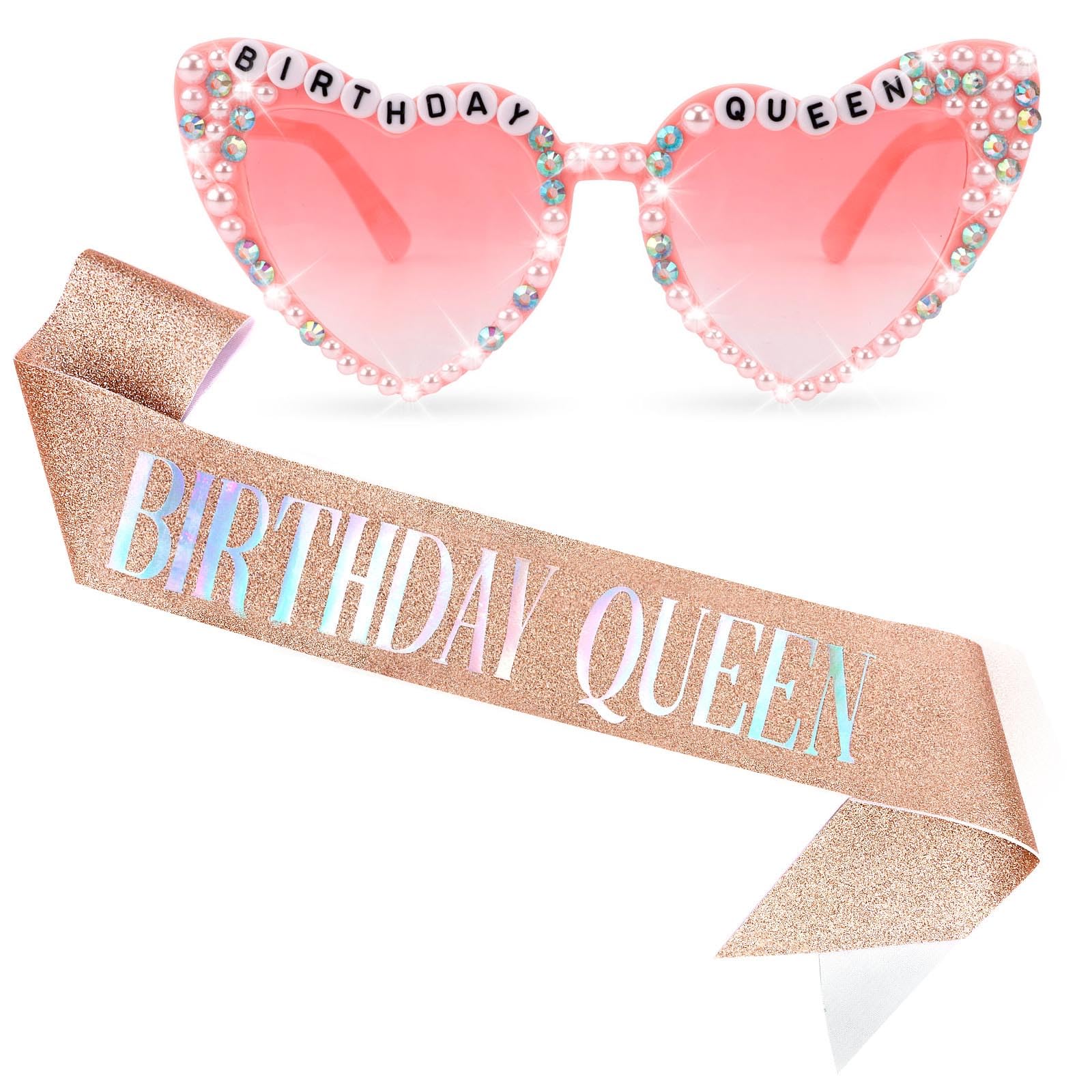Tihebax Birthday Sash for Women, Birthday Queen Sash with Glasses for Girls Women Birth Day Decorations Accessories for Girls Party Favors