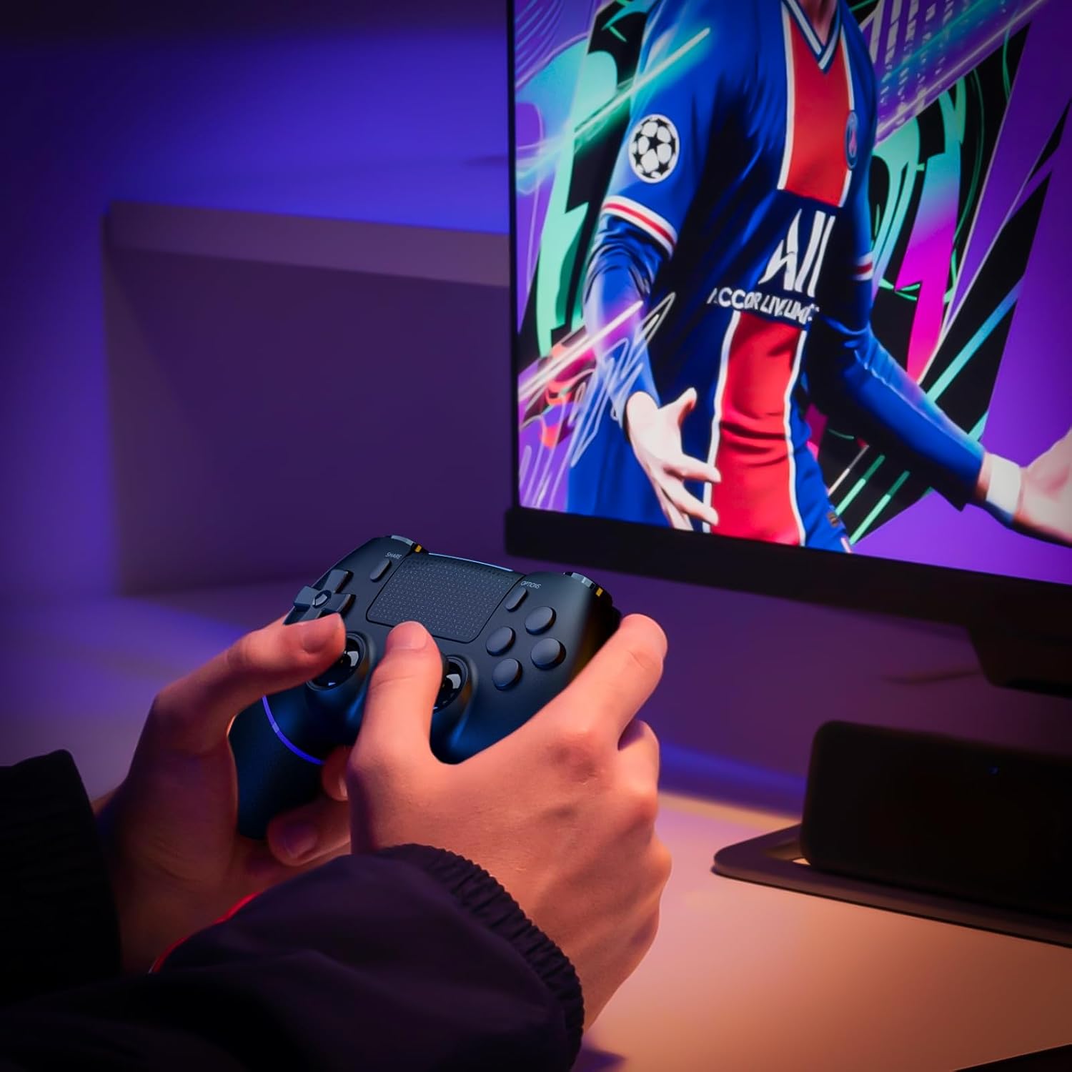CHEREEKI Wireless Controller for PS4 with Hall Effect Joystick 2 Macro Buttons Vibration Feedback Motion Sensor 1000 mAh Battery Touchpad 3.5mm Headphone Jack Black