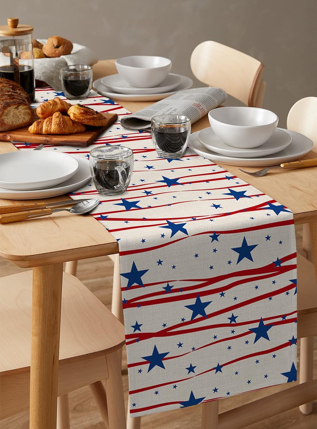 Table Runner, 4th of July Patriotic Independence Day Blue Star Red Stripe Cotton Linen Table Runners for Dinner, Party, Wedding, Catering Events, Holiday, Farmhouse, Dresser Scarves Decor 13x120 inch