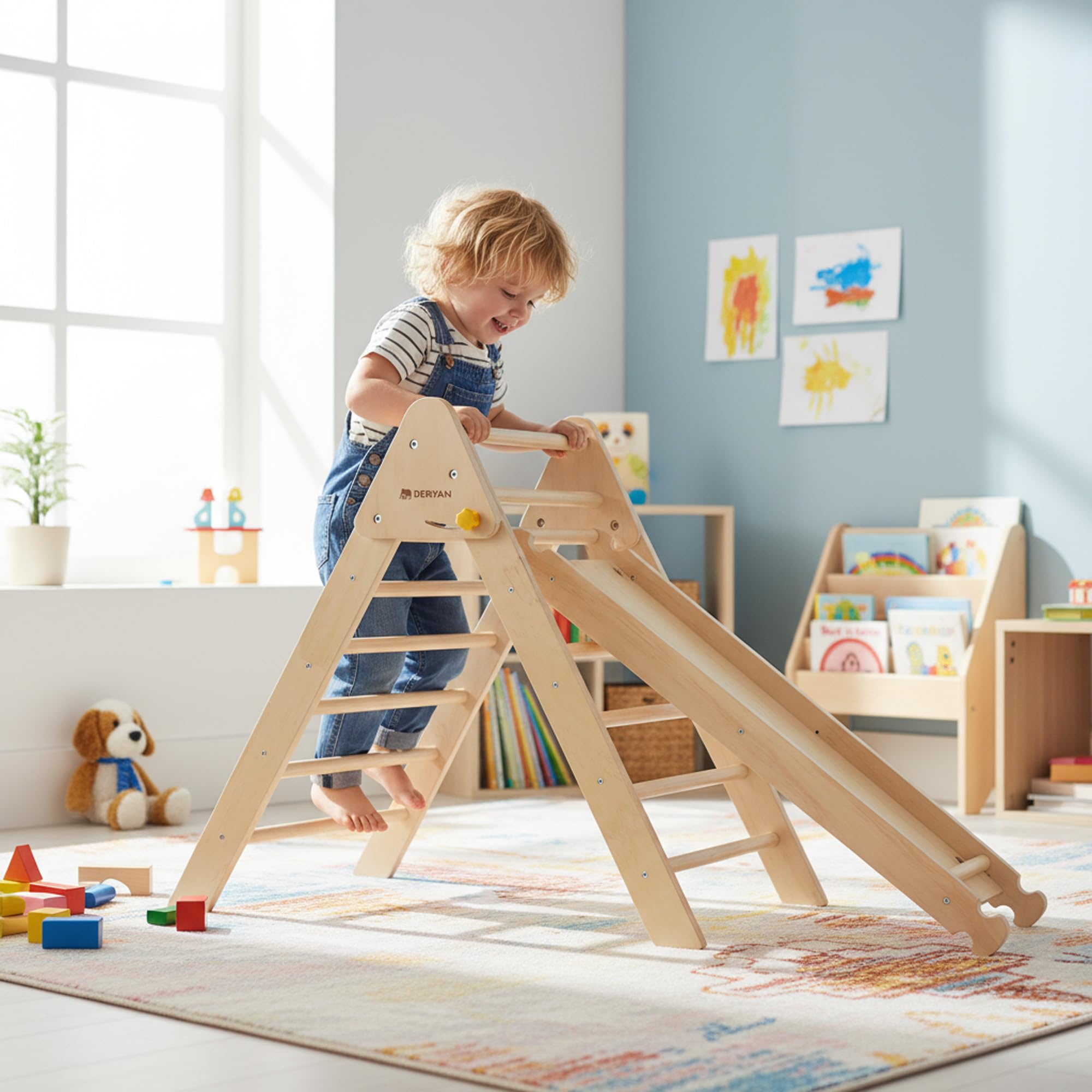 Deryan Lusso Triangolo Pieghevole con Rampa e Gabbia per scoiattolo/Scivolo - Mobili Montessori Palestra in Legno