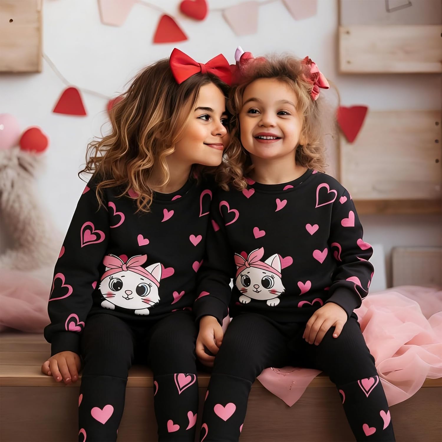 KEKEMI Kid Toddler Girls Valentine's Day Outfits Love Heart Sweatshirt Cute Cat Shirt Pants Set Holiday Clothes Set 2Pcs 2-9Y - Image 4