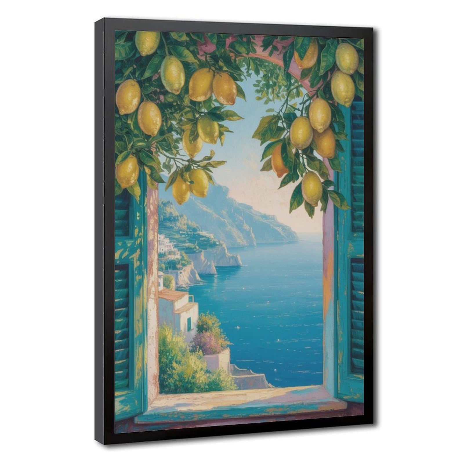 Lxwnze Black Frame-Style Coastal Lemon Tree, Italian Seaside Canvas Poster For Bedroom Decor Gift