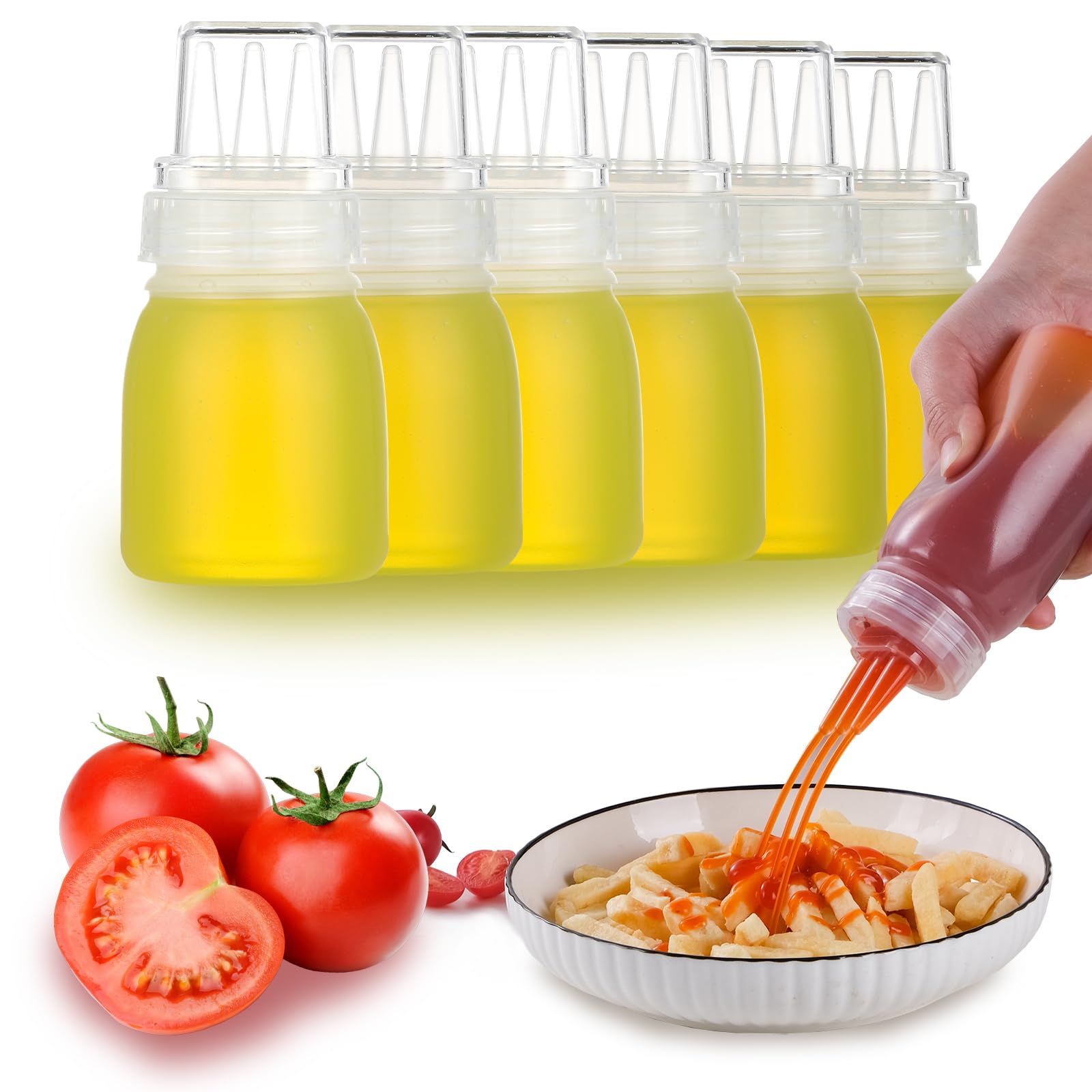 RAMFIYN 6 pack 3-Hole Nozzle Plastic Squeeze Bottles for Sauces, Condiment Squeeze Bottles with Caps, Small Salad Dressing Bottle, Ketchup Bottles