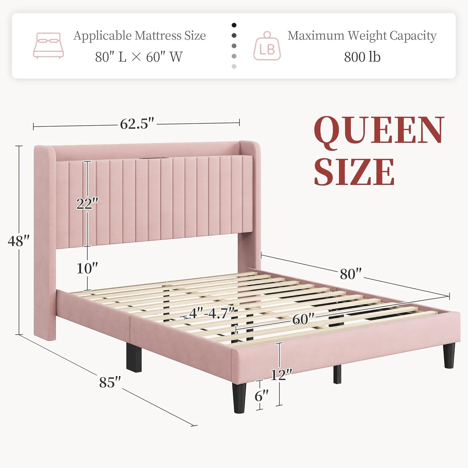 Yaheetech Queen Bed Frame with USB Charging Station and Storage Shelf/Upholstered Headboard Platform Bed with Wing Side/Wooden Slats Support/Noise Free/No Box Spring Needed/Easy Assembly, Pink Pink Queen