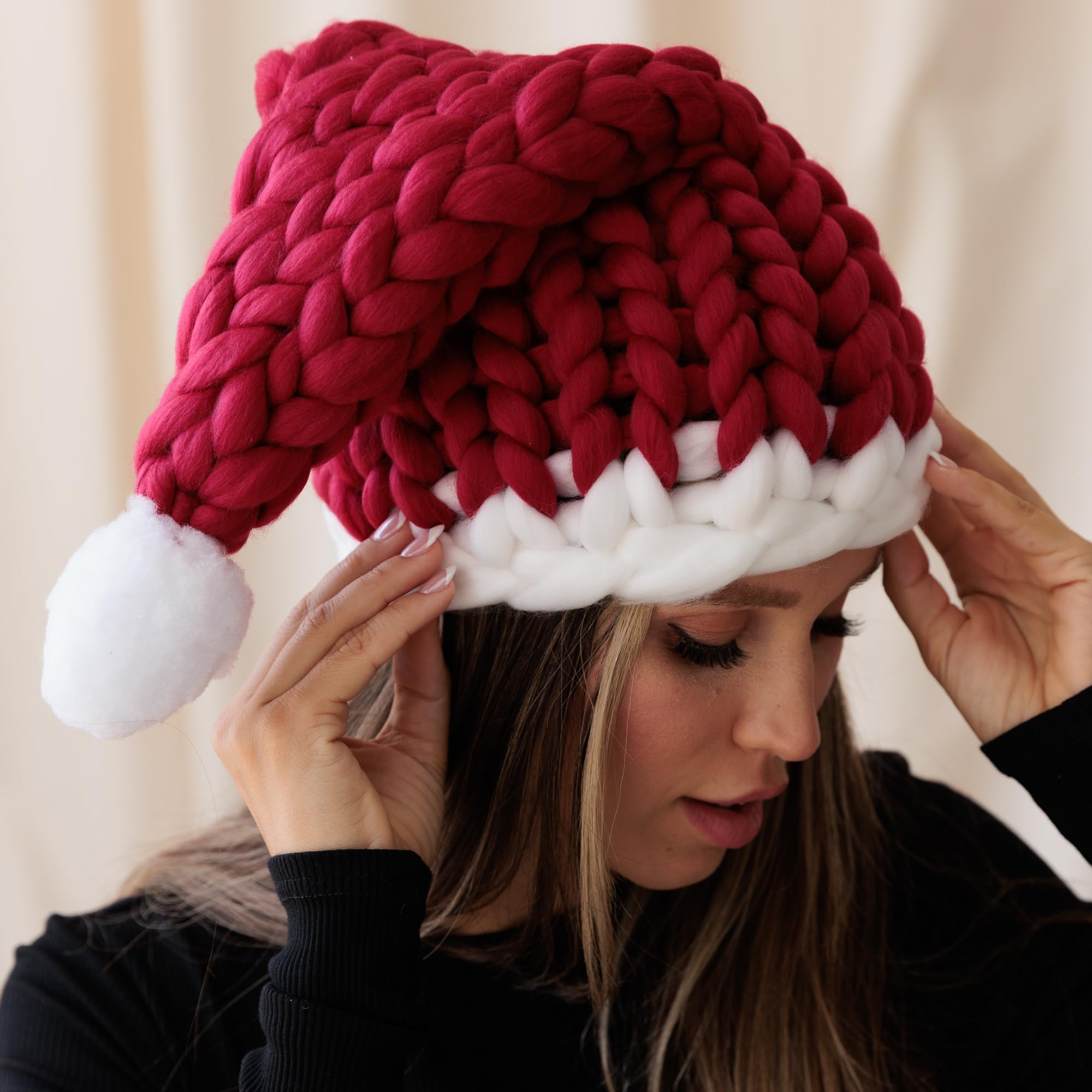 Pinup - Gorro de Papá Noel grueso y único tejido a mano, gorro rojo festivo para fiestas de Navidad, sombrero de Navidad holgado para mujer