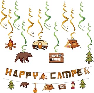 JIVELER Happy Camper Birthday Party Decorations, 12pcs Camping Theme Hanging Swirls Decoration with 2pcs Happy Camper Banner Garland Camping Decor Adventure Streamers Party Supplies for Kids Adults