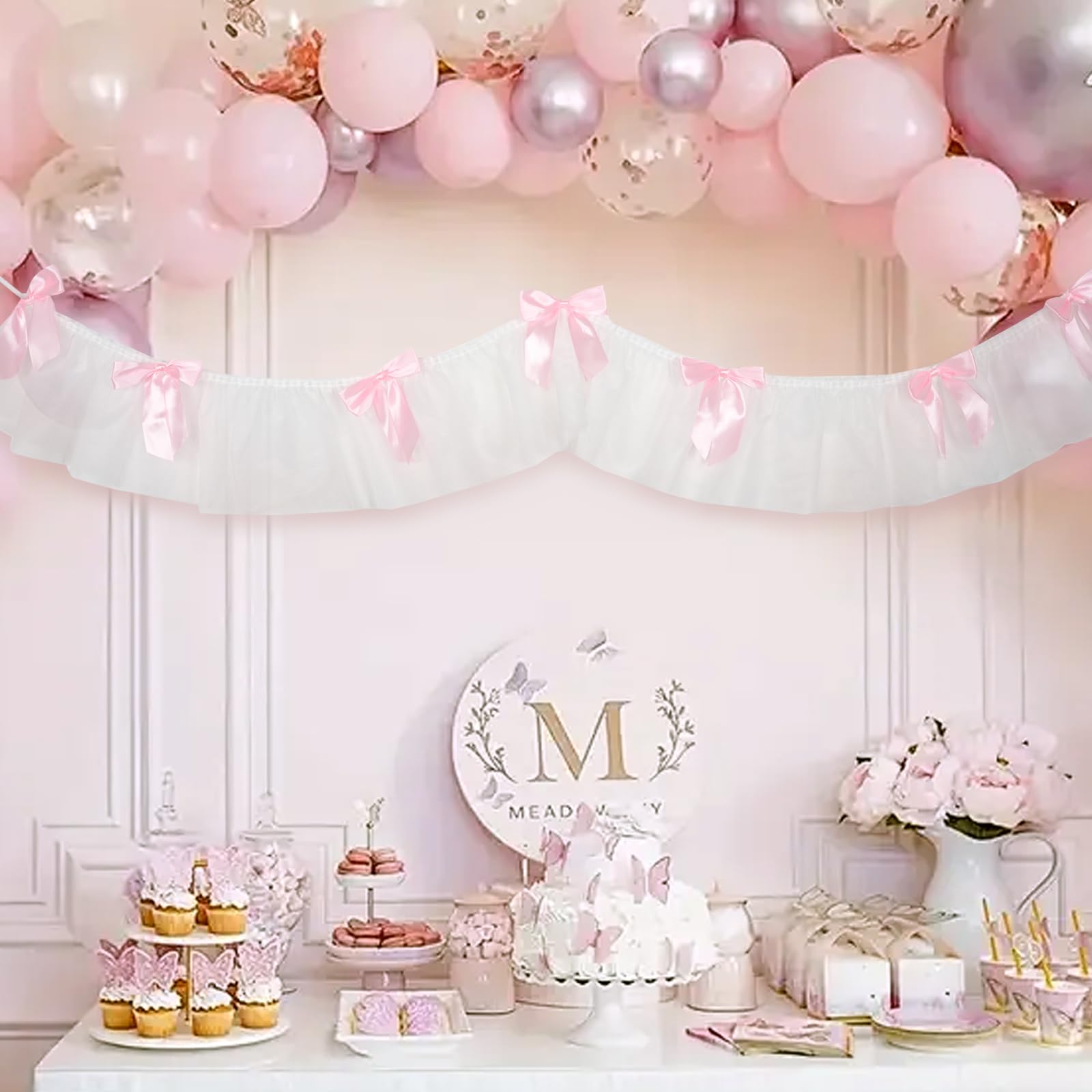Schleife Girlande Banner, Rosa Schleife Geburtstag Party Dekorationen, 1,6 m Spitze und Satinband Schleifen Hängendes Banner mit 7 Schleifen für Kokette Geburtstag Bachelorette Party Hochzeit