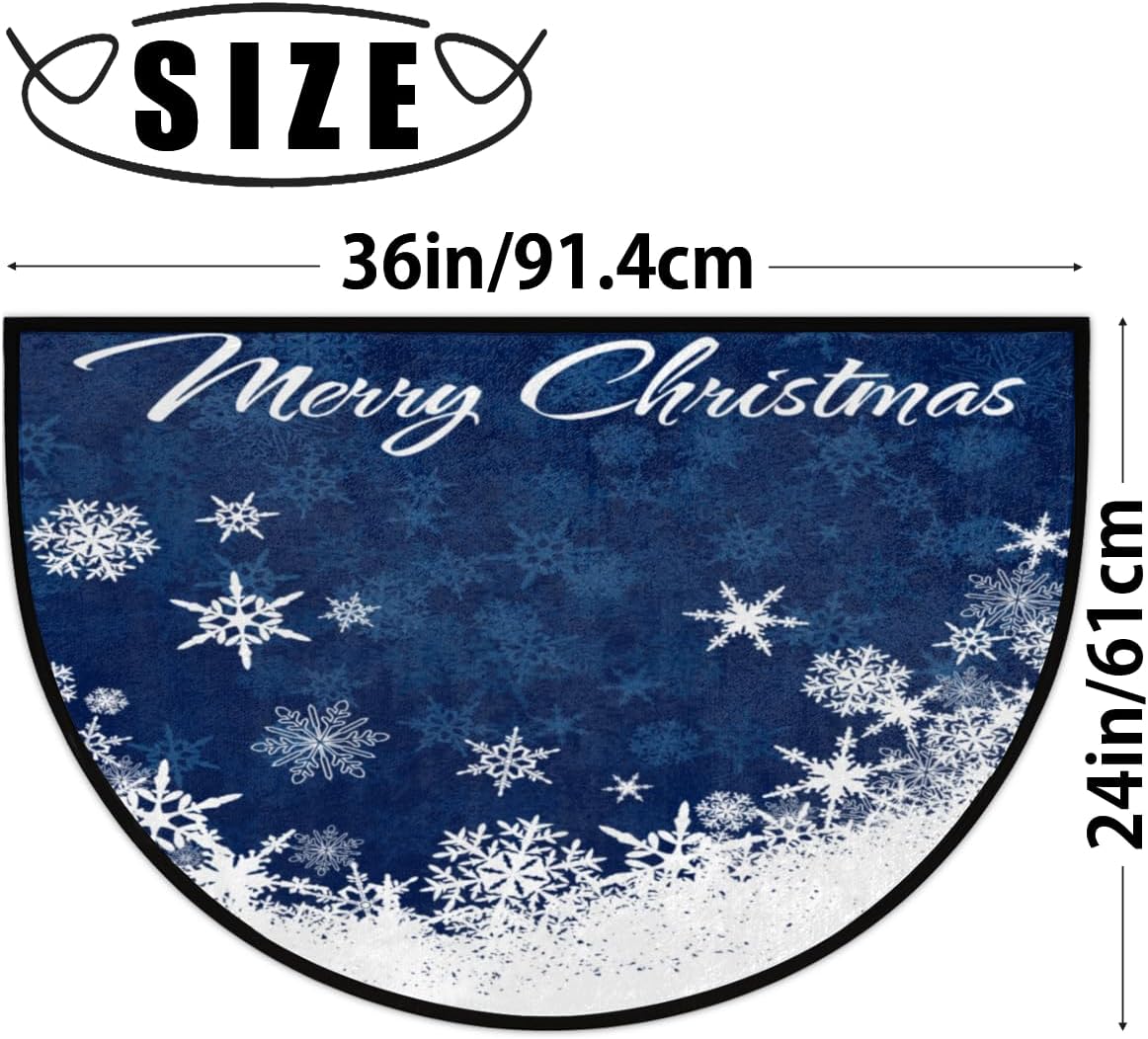 Christmas Xmas Blue Sonwflakes Half Round Doormat Washable Semi Circle Area Rug Non Slip Absorbent Half Moon Rug for Indoor Outdoor Bathroom Kitchen Living Room Fireplace Floor Mat