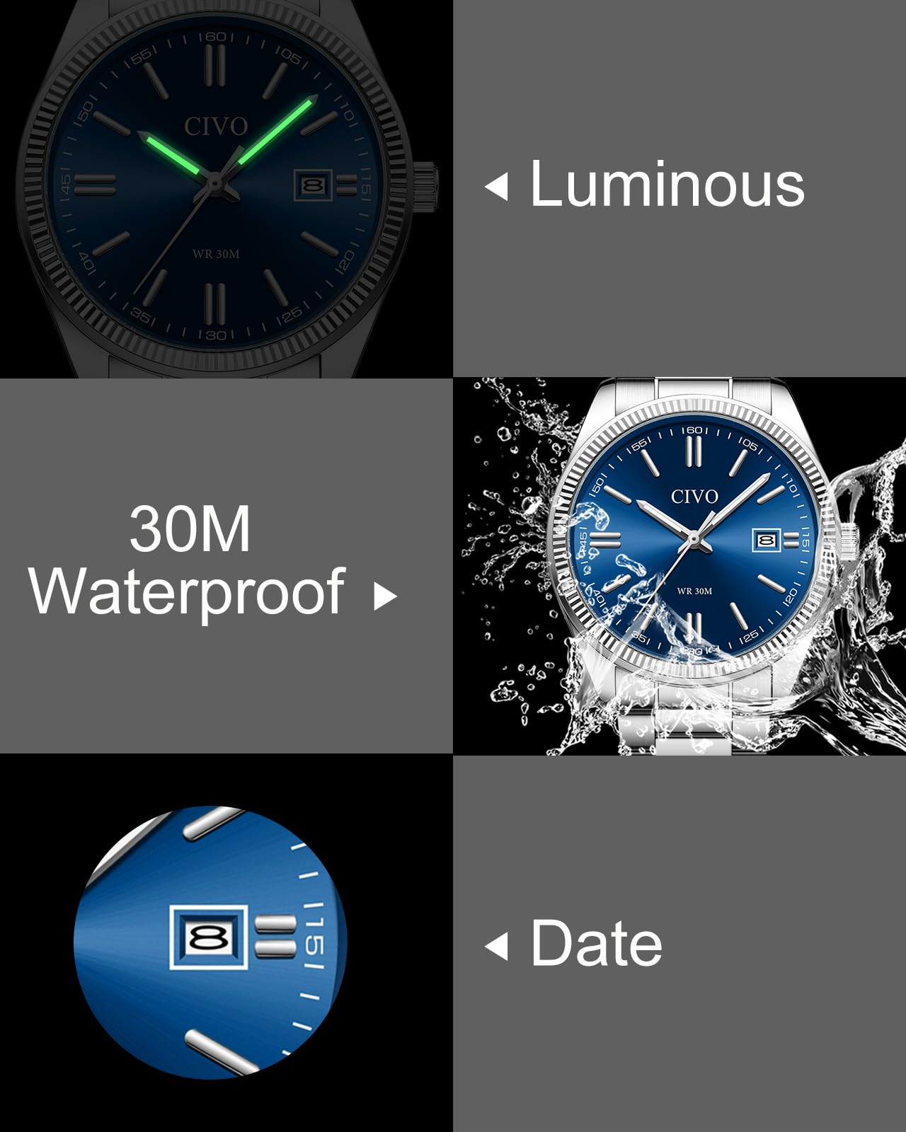 CIVO Analog Mens Watches Silver: Wrist Watches with Date Easy to Read - Dress Stainless Steel Watch for Men Gifts for Husband Father at Birthday Anniversary