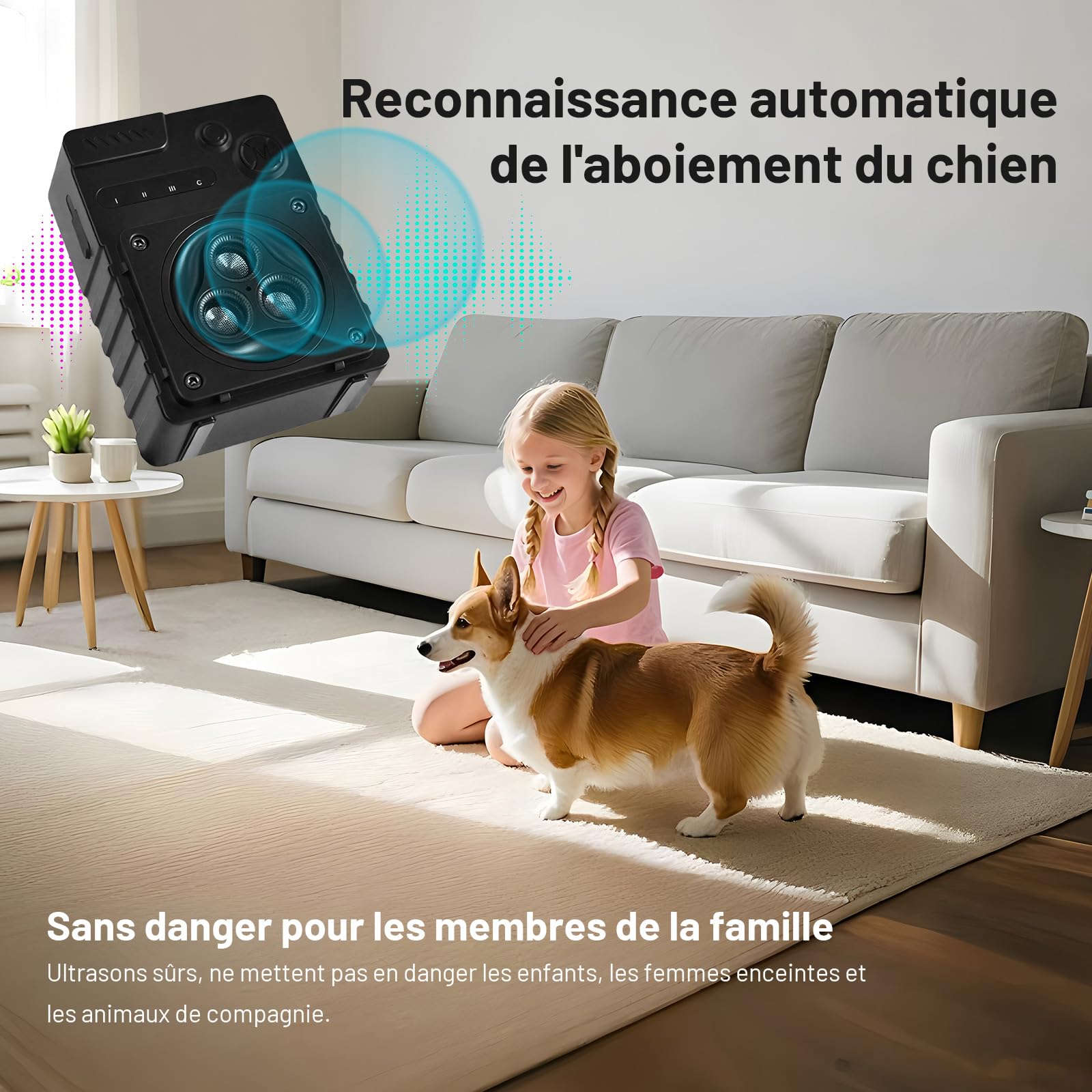 Appareil anti-aboiement à ultrasons pour chiens de taille moyenne et grande - 3 fréquences - Étanche IP45 - Anti-aboiement pour chiens - Intérieur et extérieur - Noir