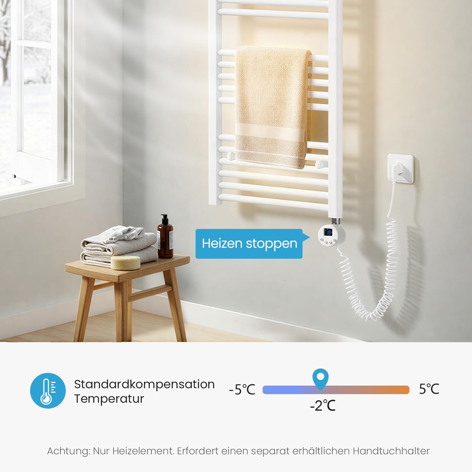 Heilmetz Smart WiFi Heizstab Weiß 600W, Heizpatrone Heizelemente für Heizungen Heizkörper Badheizkörper Handtuchtrockner mit Thermostat elektronischer Temperaturregler Und Timing-Funktion