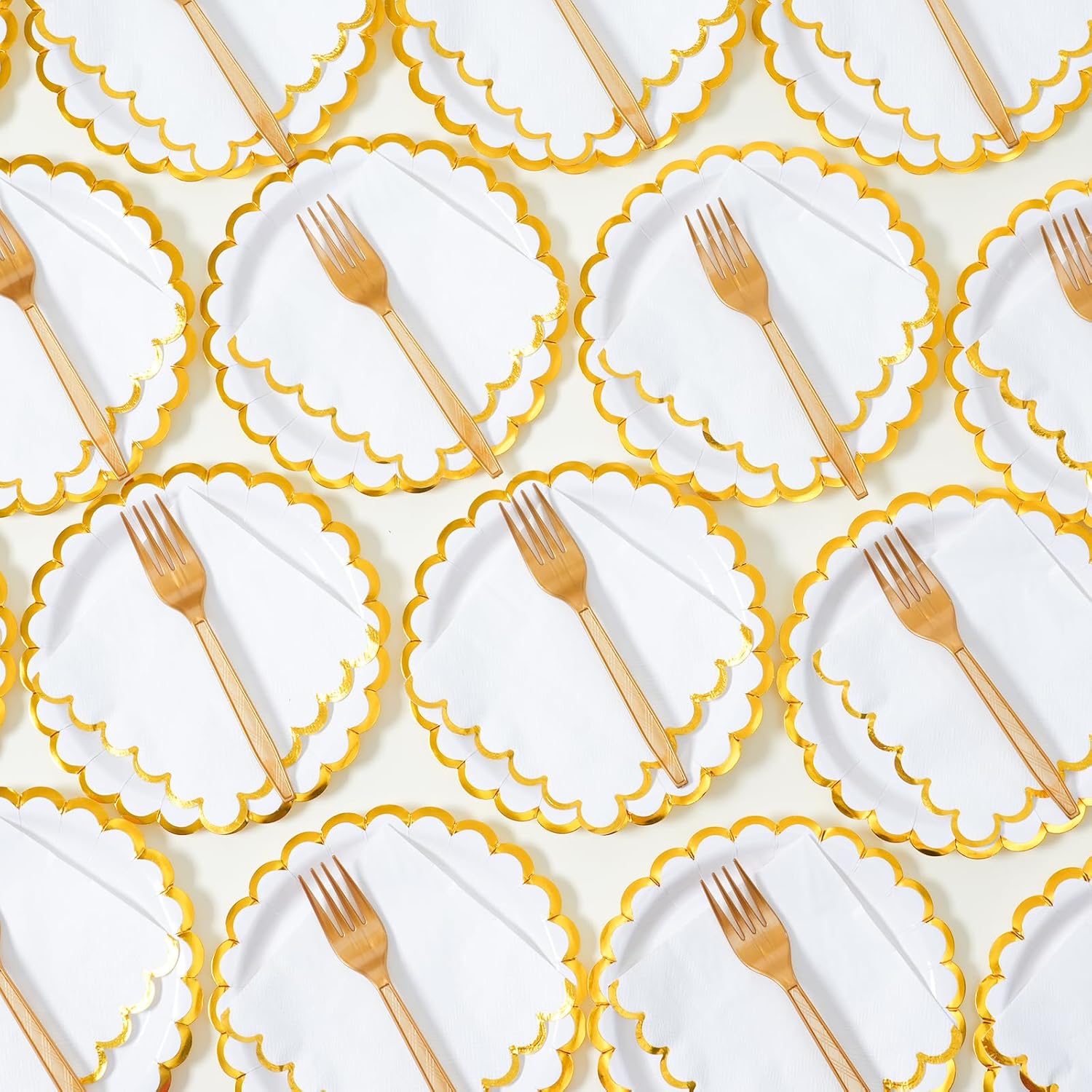 White scalloped party plates with napkins and fork gold foil border, 24 Guest disposable Tableware Set Party Decoration for Birthday Coquette Bridal Baby Shower Valentines - Image 3