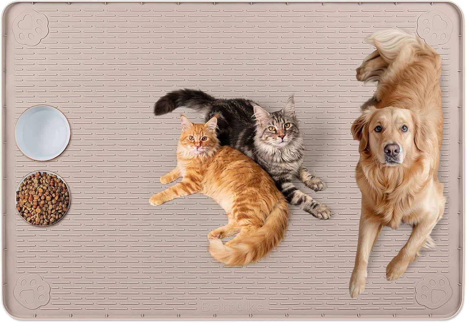 Cat Food Mat, 57" x 40" Extra Large Silicone Pet Feeding Mat with Raised Edge Pet Placemat for Food and Water Bowl Non-Slip, Easy to Clean, Floor Protection (Khaki)