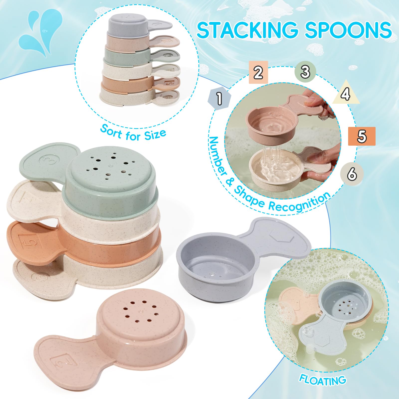 Juguetes de baño para bebés para niños de 1 a 3 años, 15 piezas sin moho, juguetes de baño para tina, juguetes de agua fáciles de limpiar y de fácil agarre, botes y cucharas apilables, juguete de baño 4
