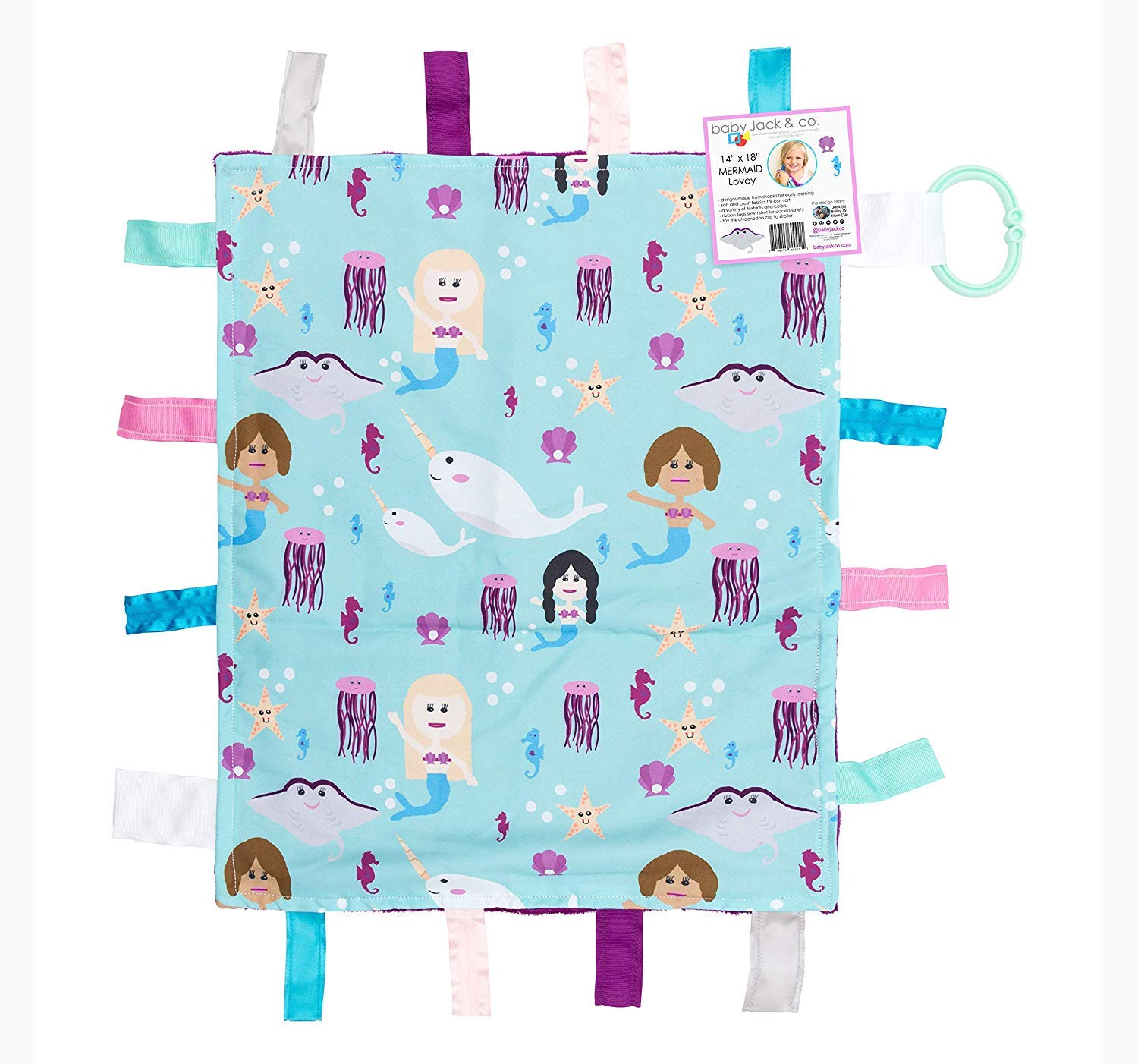 The Learning LoveyBaby Sensory, Security & Teething Closed Ribbon Tag Blanket with Minky Dot Fabric: 14 X18 (Mermaids and Narwhals)