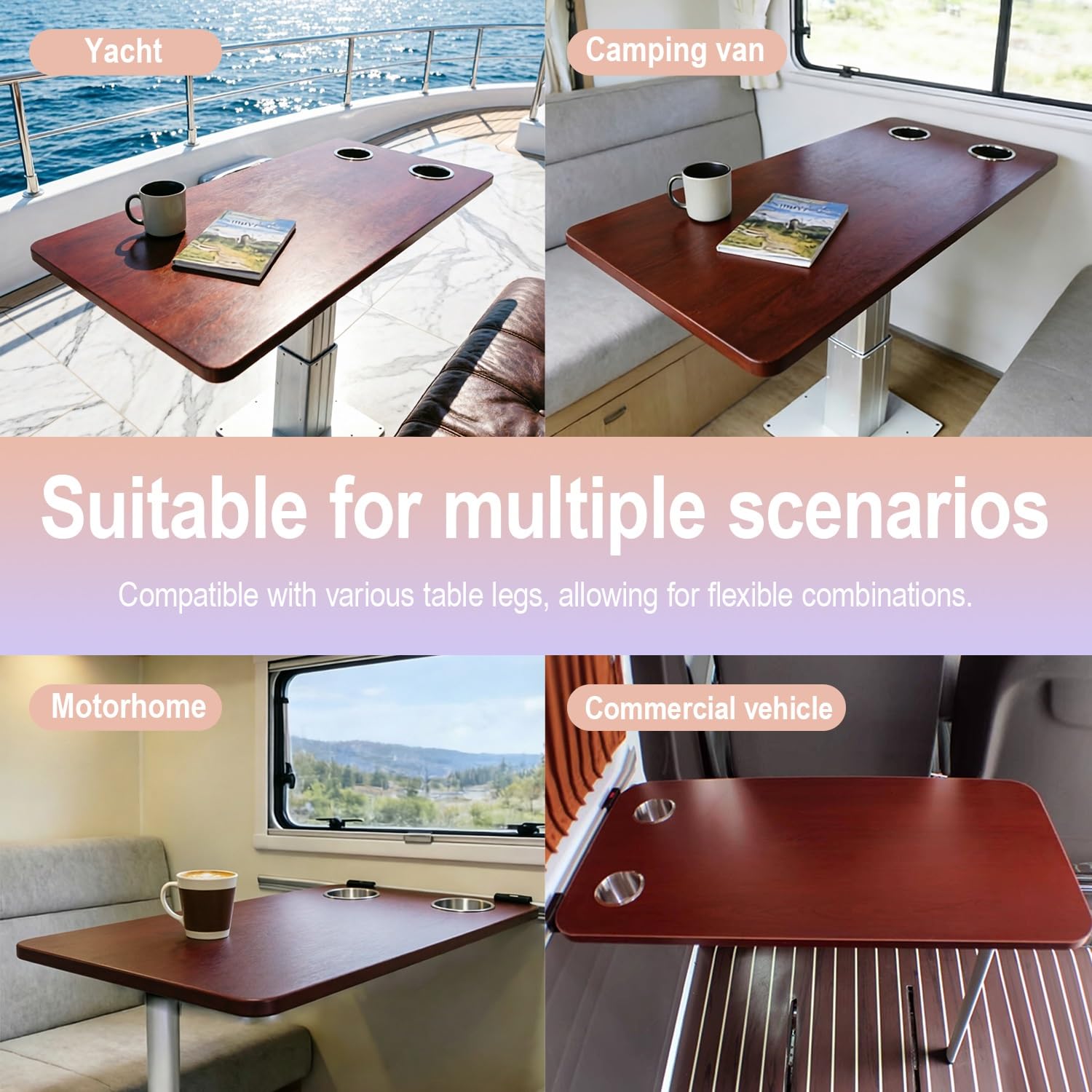 Tavolo Camper 79x39 cm, Tavolo Barca con 2 Portabicchieri, Rosso Legno, Impermeabile, Bordo Arrotondato