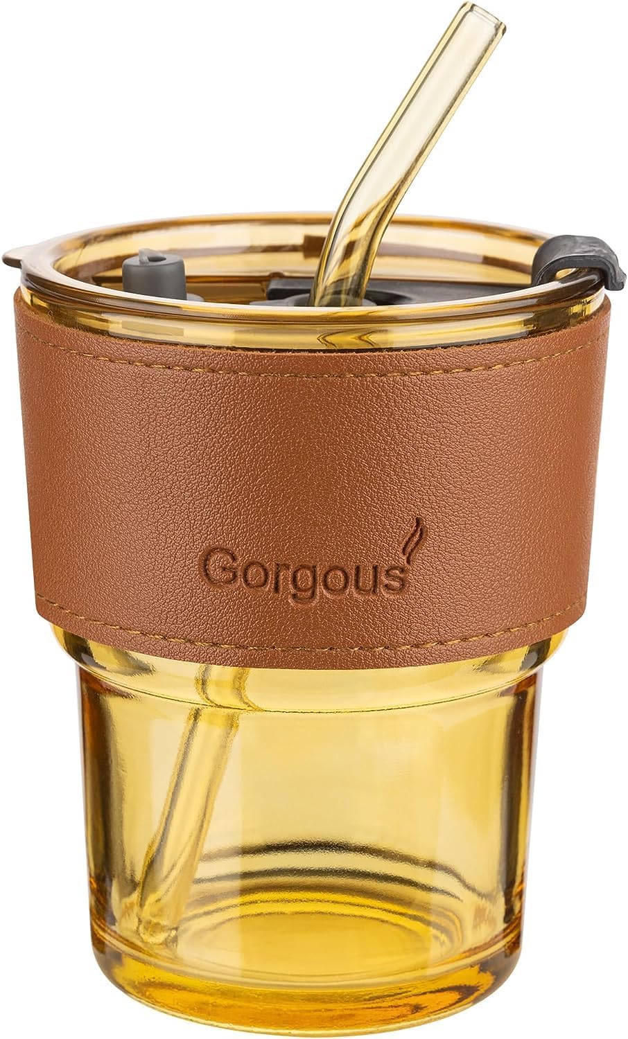 Glass Tumbler with Silicone Straw and Lid 435ml Set of 1, Glass Coffee Mugs with Leather Sleeve, Drinking Cup for Straw and Direct Mouth Dual Use, Summer Travel Sipper Bottles (Amber)