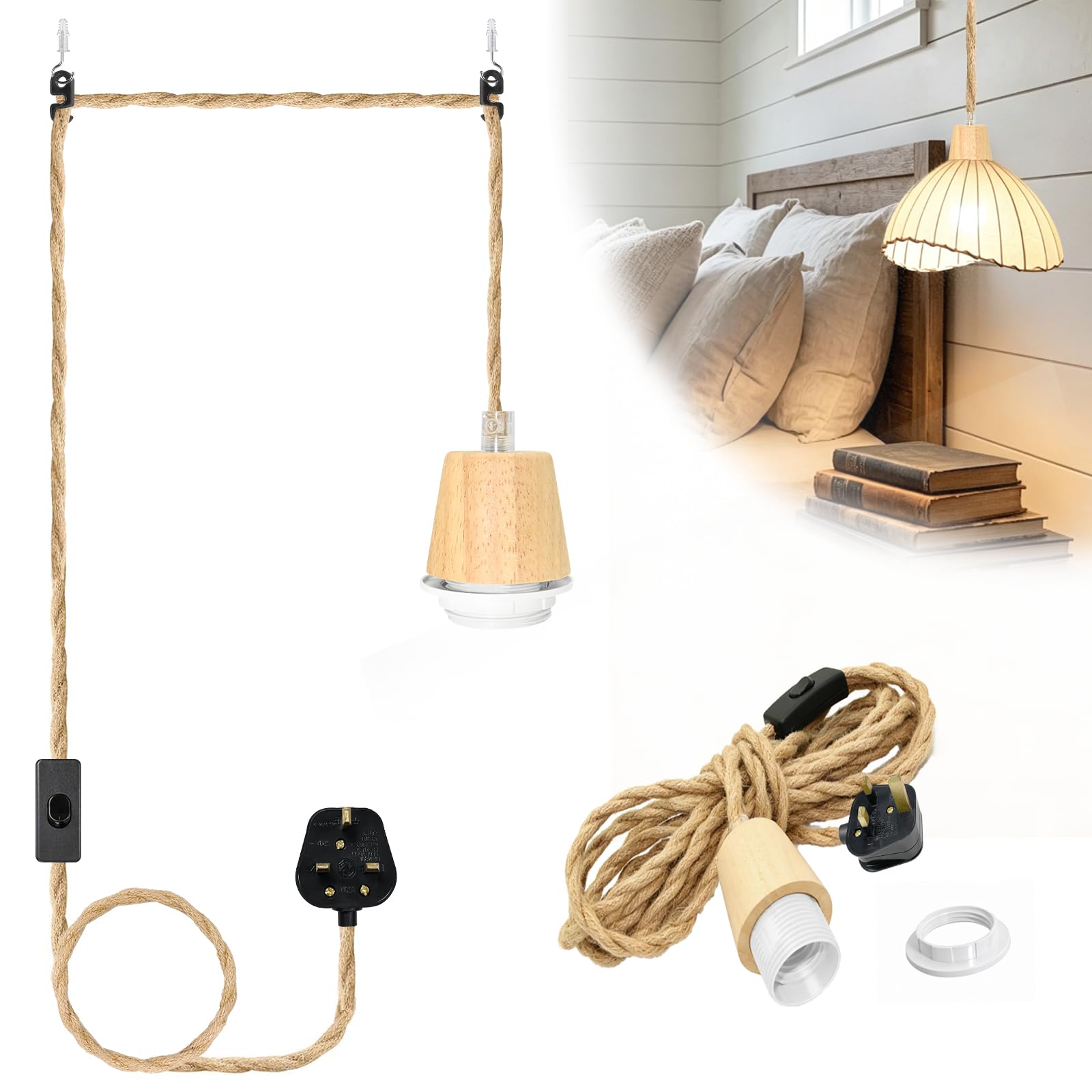 5.1m Plug in Hemp Rope Pendant Light, Hydro Print Natural Tone E27 Lamp Holder, Ceiling Light with Plug and Switch, DIY Vintage Hanging Fixture Light, Compatible with Lampshade (Bulb Excluded)