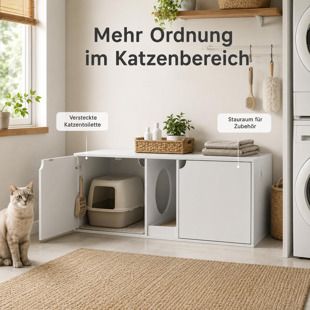 Katzenklo Schrank 110 cm Weiß Katzentoilette Möbel mit 2 Türen