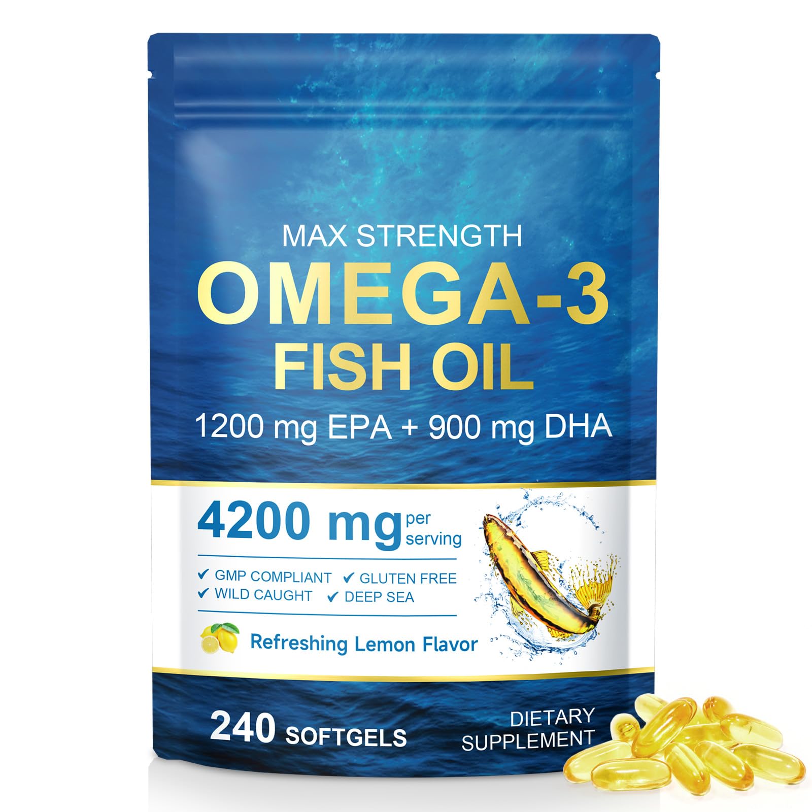 Omega-3 Fish Oil 4200mg | EPA 1200mg | DHA 900mg | Lemon Flavor 240 Softgels