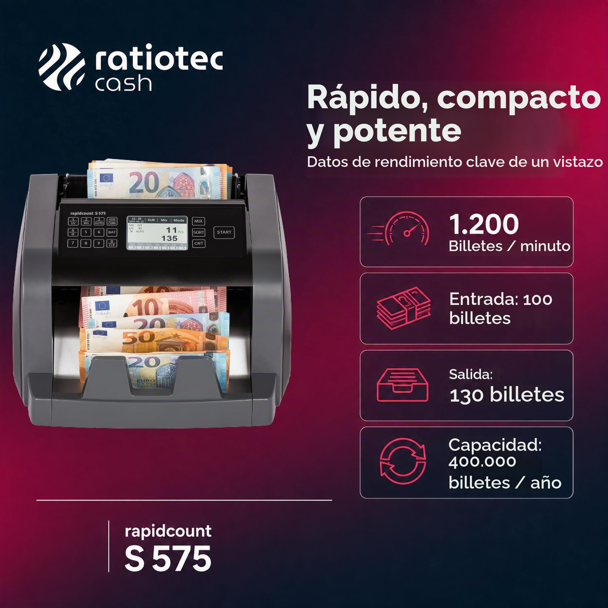 ratiotec Máquina contadora de billetes rapidcount S 575 para billetes mixtos con valoración en negro