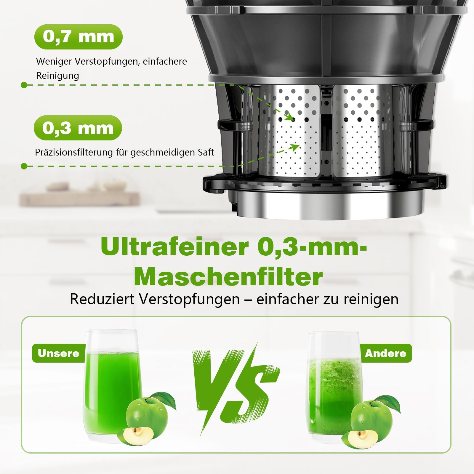 Extracteur de Jus – Slow Juicer avec Goulotte XL 147 mm et Moteur 400 W, Rendement Élevé et Préservation des Nutriments, Capacité 1,8 L avec 2 Verres, Sans BPA, Pour Fruits et Légumes Entiers - 2