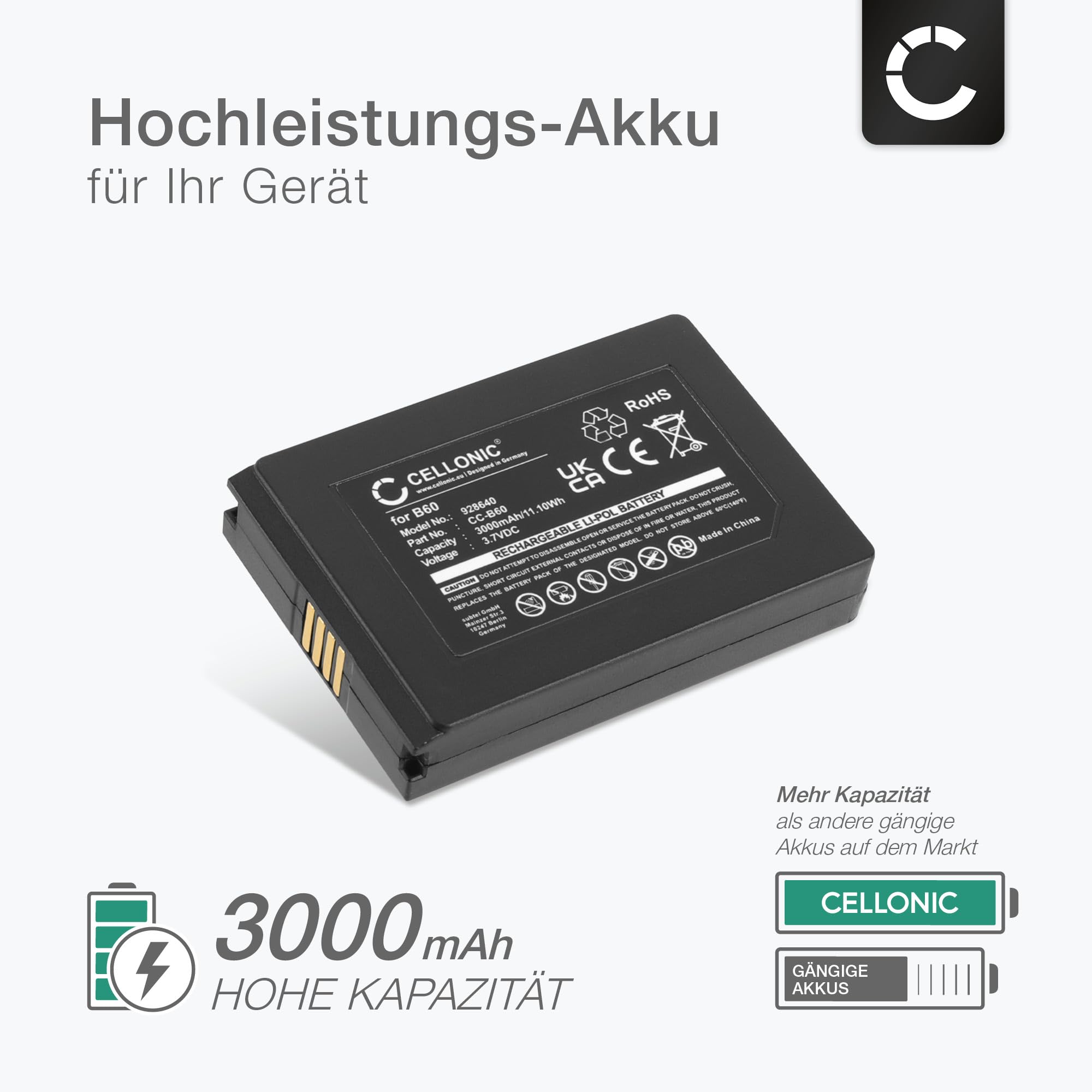 CELLONIC 2X Akku kompatibel mit Vectron MobilePro 3, B60 | 2x, (3000mAh-3.7V-Lithium-Polymer), Zahlungsterminal / POS Akku